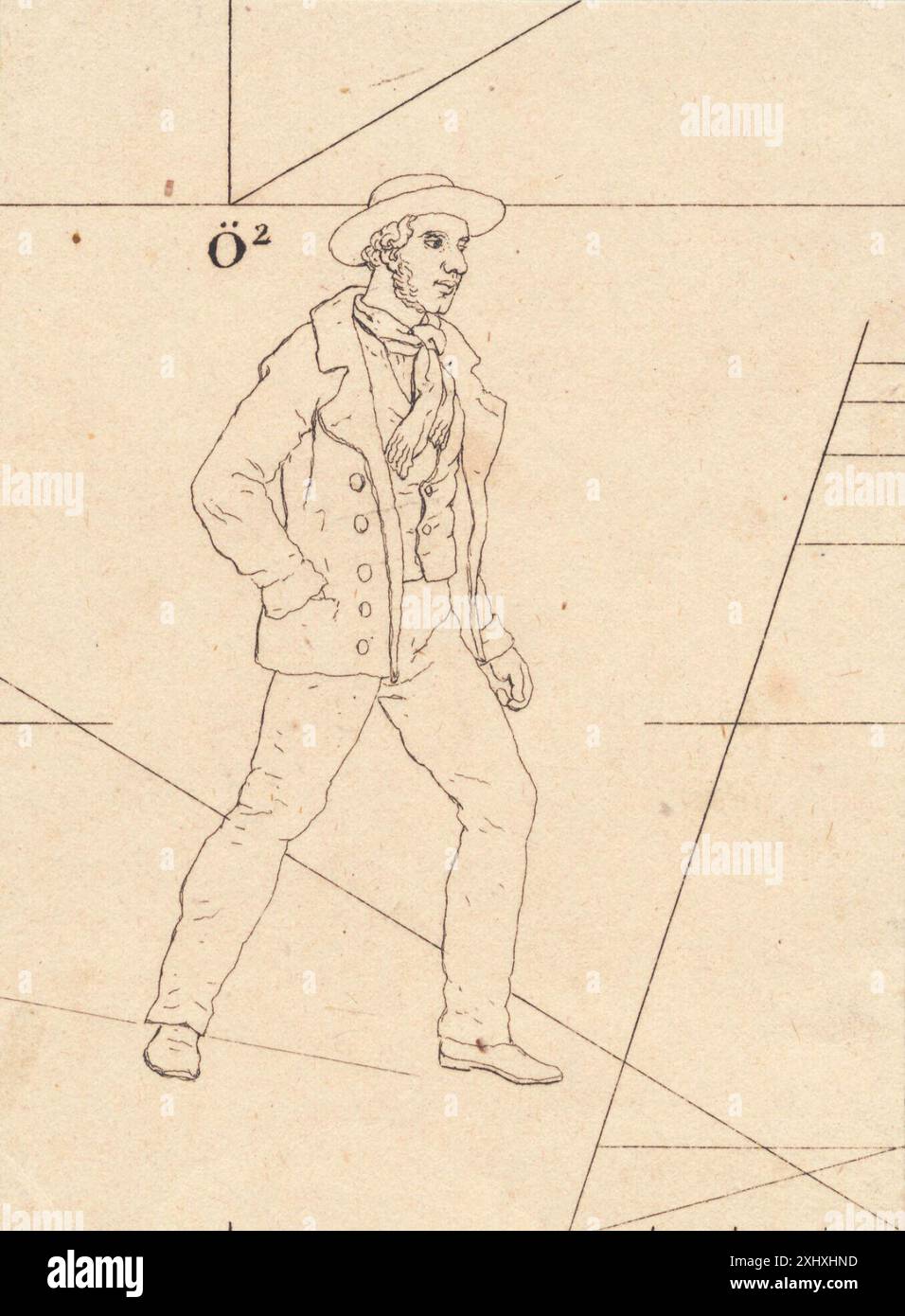 Ätzung von C.W. Eckersberg, die einen wandelnden Seemann zeigt und eine lineare Perspektive mit detaillierter Haltung und Kleidung veranschaulicht. Stockfoto