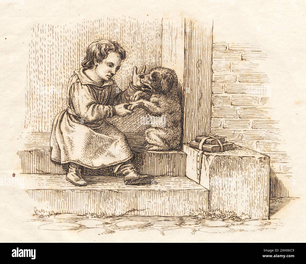 Detaillierte Gravur aus „Half Hunderts Fables for Children“ von Hey Rørbye, die erzählende Szenen und Charaktere im klassischen Illustrationsstil zeigt. Stockfoto