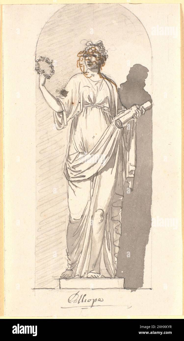 Calliope, die Muse des epischen Gedichts als Statue in einer Nische Abildgaard, Nicolai 1743 - 1809 Zeichnung N.A. Abildgaard: Teginger, mit einer Einleitung in englischer Sprache, Bente Skovgaard=skovgård, Kat.60, 46467, 1978 Calliope, den Episke Grabings Muse som Statue i en Nische Stockfoto