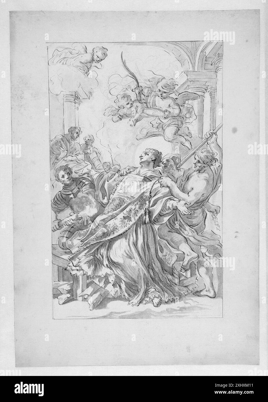 Zeichnung, die das Martyrium des heiligen Laurenus darstellt, mit Figuren, Instrumenten des Martyriums und Gesten in einem neapolitanischen Kontext von Francesco La Marra. Stockfoto