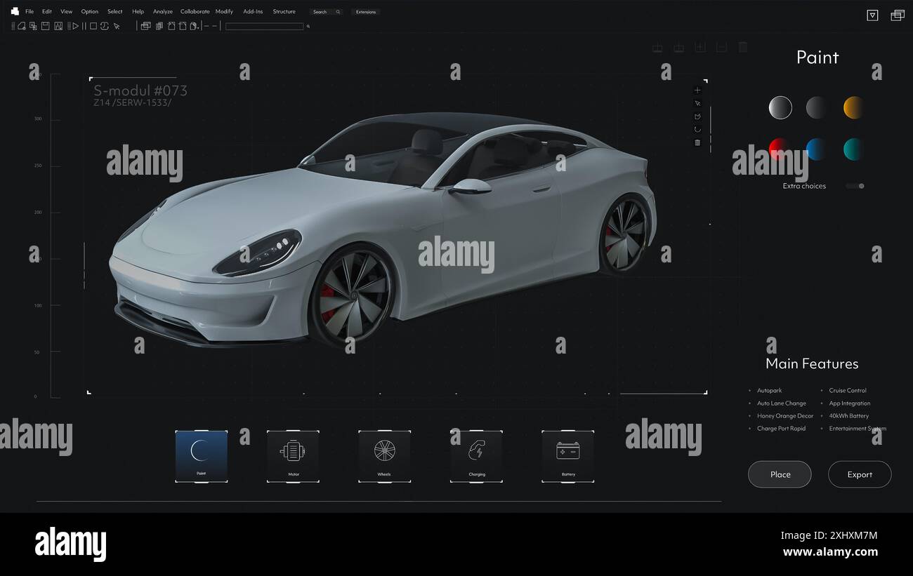 Dark Interface Mockup einer professionellen CAD-Computersoftware mit 3D-Design eines Sportfahrzeugs. 3D-Konstruktion eines White Electrical Hyper Car. Programm zum Hinzufügen von grafischen Ebenen zum EV-Modell. VFX 3D-Rendering Stockfoto