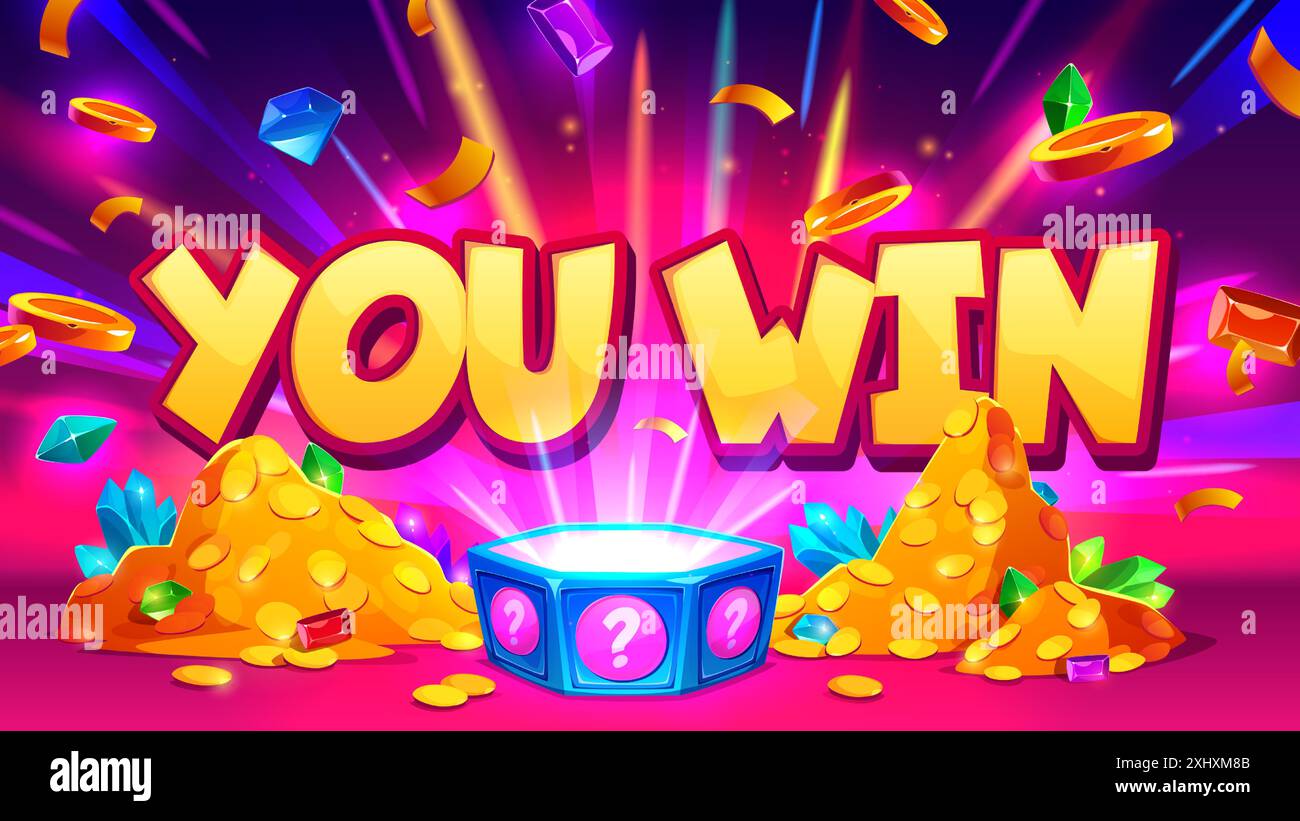 Du gewinnst Überraschungsvektor. Öffnen Sie den Glücksgeschenkpreis. Lottobonus im Casino mit geheimnisvoller Belohnung. Goldmünze nahe blauer Frage Geschenkschachtel Banner Illustration. Quiz-Gewinner-Feier mit Diamant und Konfetti Stock Vektor