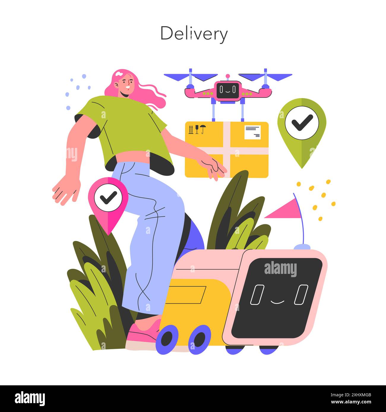 Roboterassistenten-Konzept. Eine Frau interagiert mit einer Drohne und einem autonomen Lieferroboter, der futuristischen Paketservice präsentiert. Integration von Technologie und Logistik. Vektorabbildung. Stock Vektor