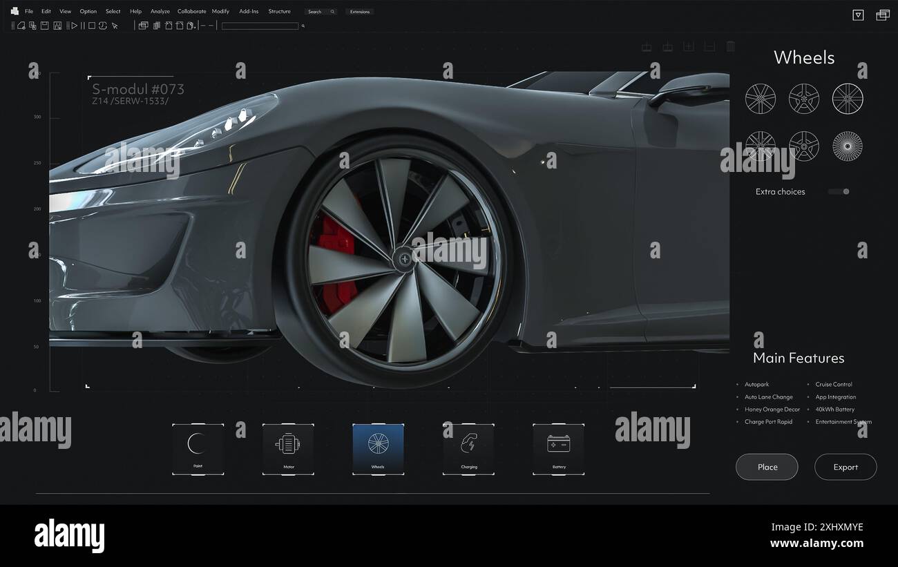 Dark Interface Mockup der professionellen CAD-Computersoftware: Bearbeitung des Projekts eines Sportwagens. Detailliertes 3D-Modell eines Elektrofahrzeugs mit Super Car. Grüne Energietechnologie. NAHAUFNAHME der Felgen. 3D-Rendering Stockfoto