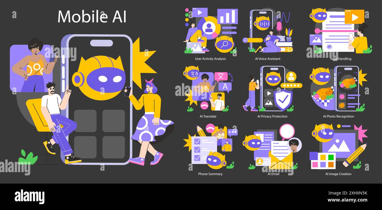 Mobiles KI-Konzept. In der Abbildung werden verschiedene KI-Funktionen auf Smartphones wie Übersetzung, Privatsphäre und Fotoerkennung erläutert. Vektorabbildung. Stock Vektor