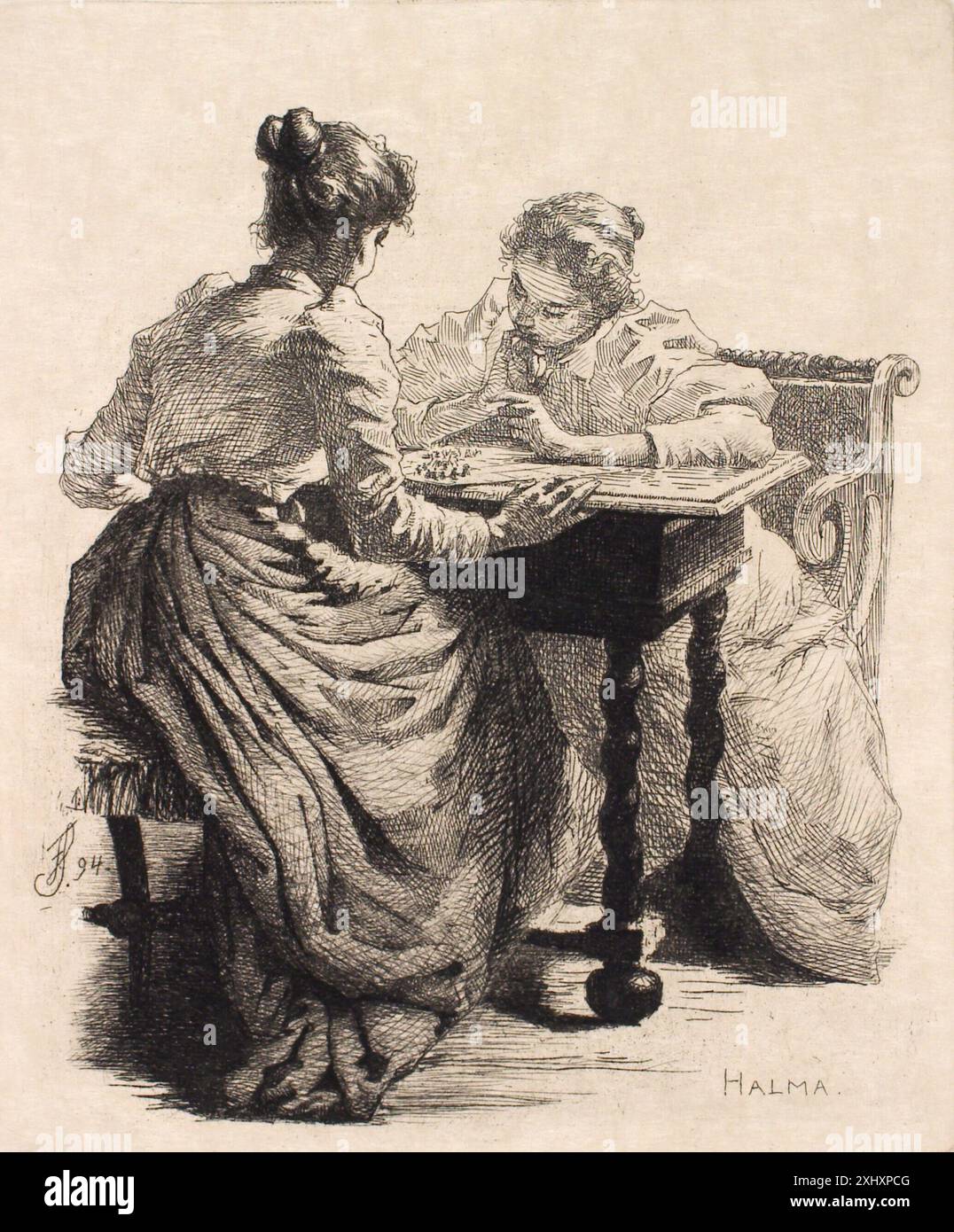 Radierung von Frans Schwartz mit Darstellung eines Halma-Spiels, das dänische Freizeit- und Genrestudien des 19. Bis 20. Jahrhunderts illustriert. Stockfoto