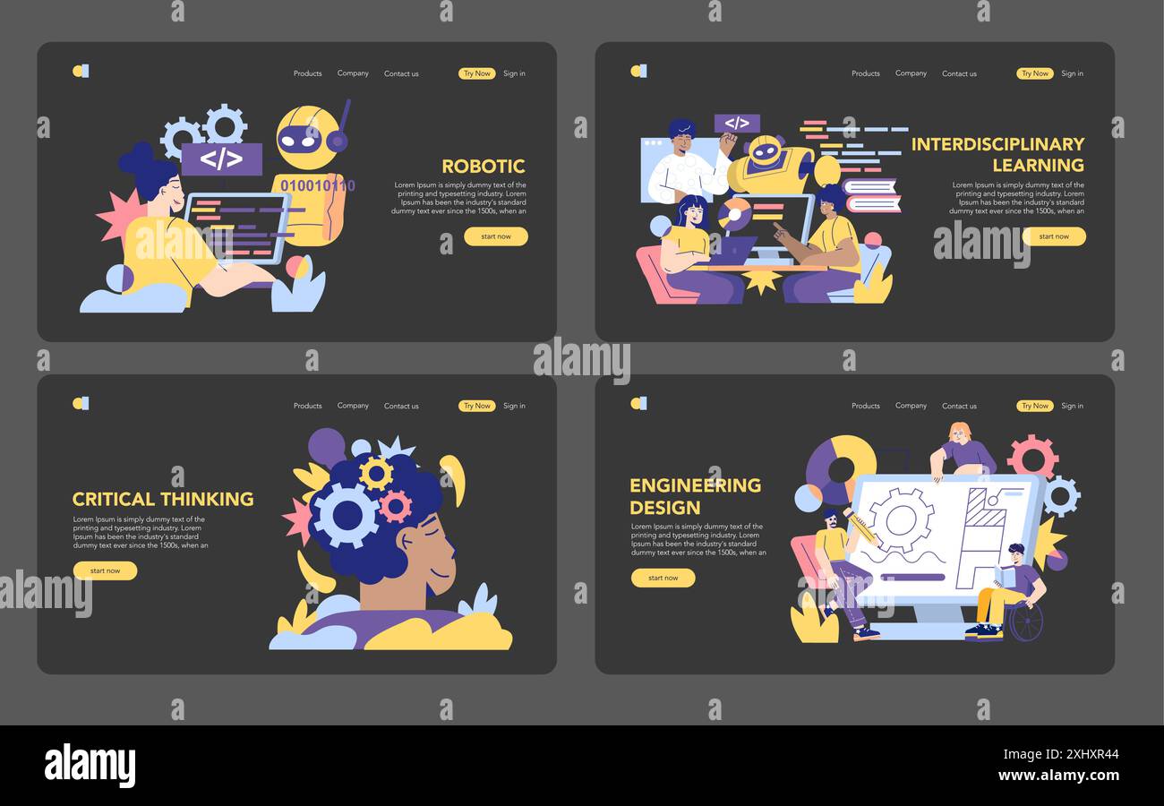 MINT-Ausbildungsset. Konzepte der Roboterprogrammierung, interdisziplinäre Studie, kritisches Denken und Engineering Design im Lernen. Vektorabbildung. Stock Vektor
