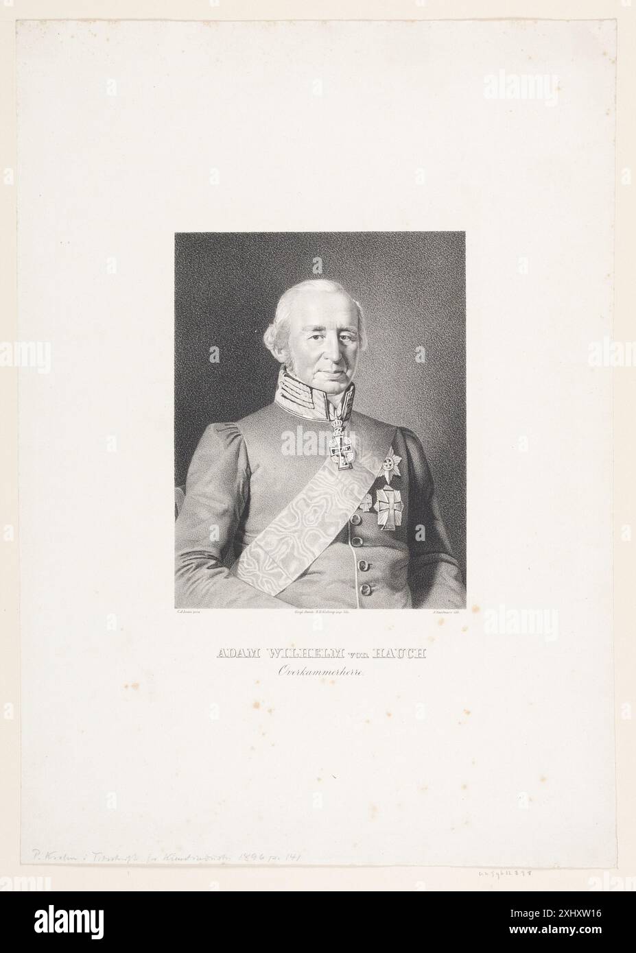 Eine Lithografie von Asmus Kaufmann, C.A. Jensen und N. B. Krossing, die Adam Wilhelm von Hauch darstellt, katalogisiert in Westergaards deskriptiver Auflistung dänischer Porträts in Kupferstichen, Lithografien und Holzschnitten. Stockfoto