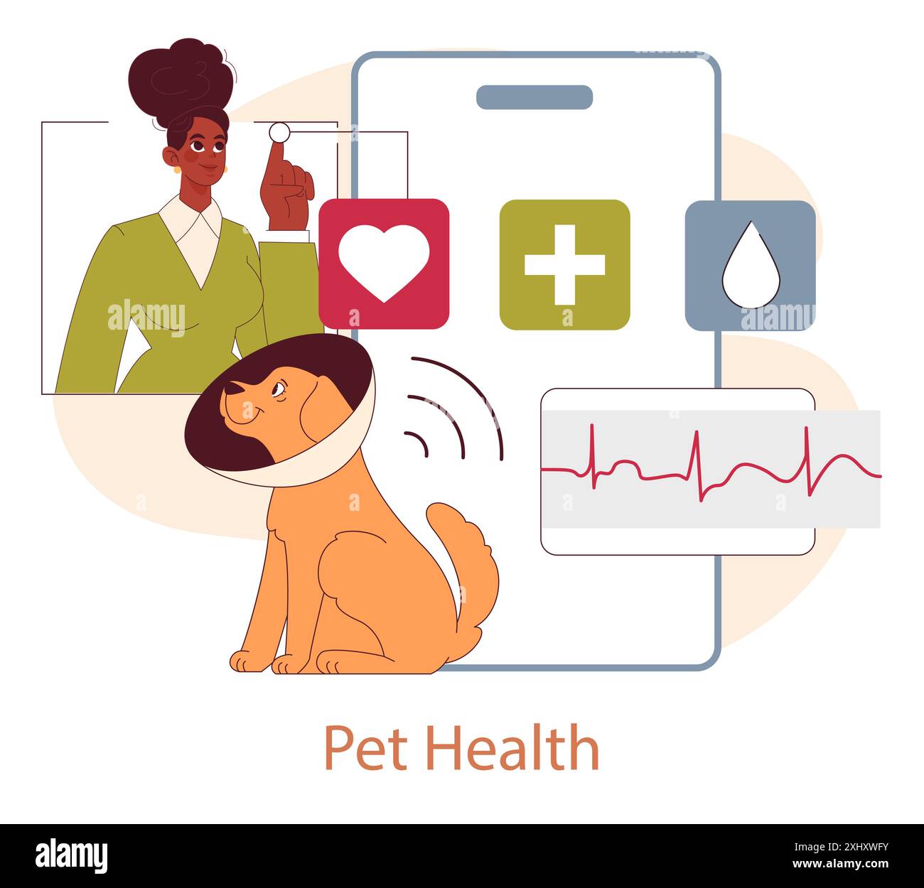 Haustierfreundliches Raumkonzept. Ein Tierarzt mit einem Smartphone, das Symbole für die Tiergesundheit neben einem Content Hund zeigt. Digitale Veterinärdienste für das Wohlergehen der Tiere. Vektorabbildung. Stock Vektor