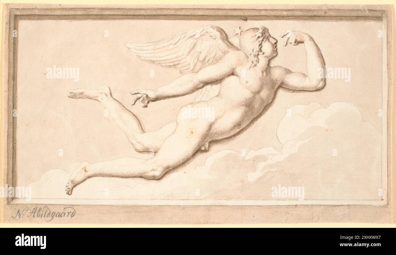 Zeichnung von Nicolai Abildgaard, die einen geflügelten jungen Mann im Flug darstellt, der morgens oder tagsüber steht. Das Kunstwerk spiegelt Abildgaards neoklassischen Stil und die symbolische Verwendung mythologischer Figuren wider. Stockfoto