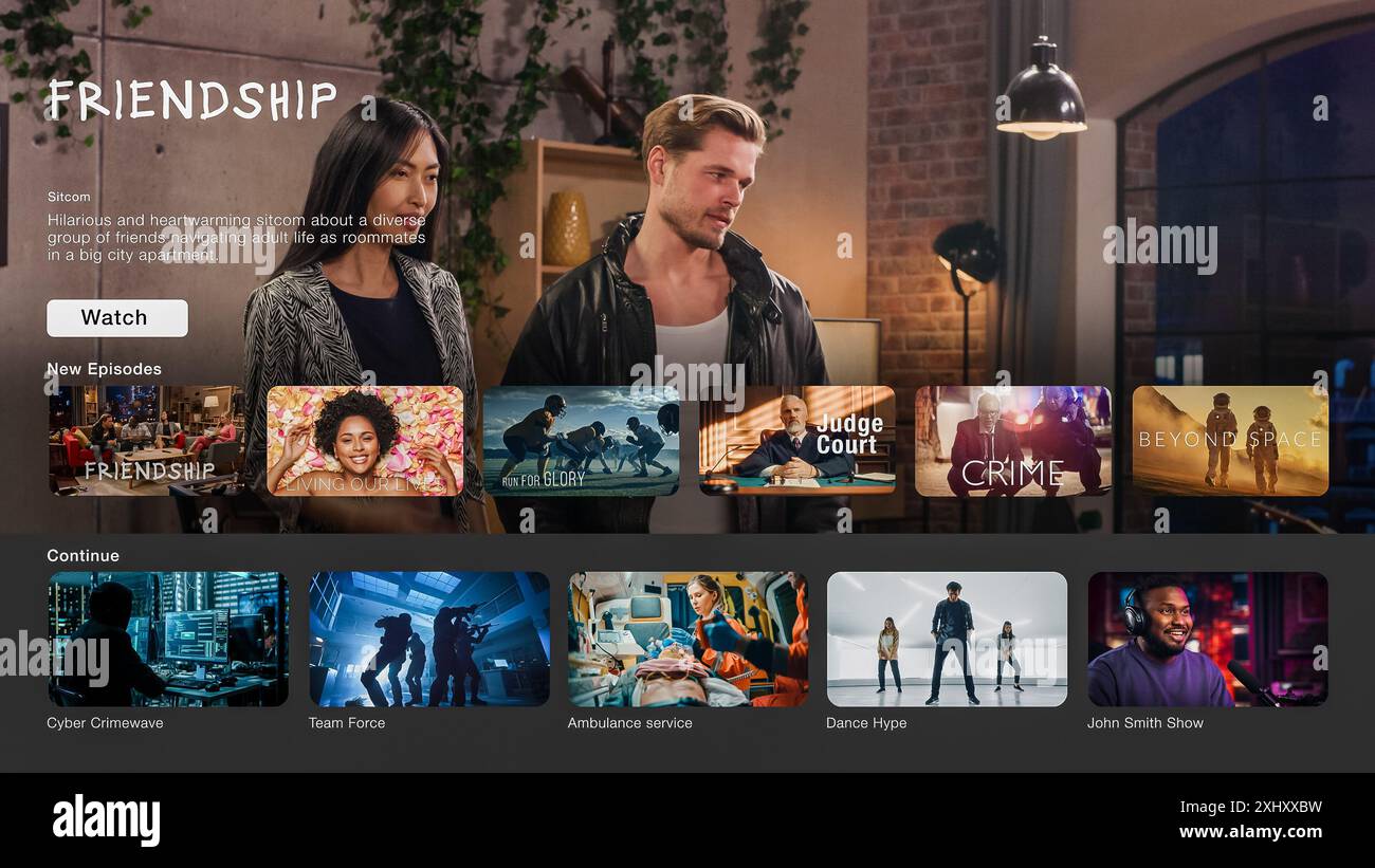 Schnittstelle der Streaming Service-Website. Das Online-Abonnement bietet Fernsehsendungen, Realitäten und Spielfilme. Bildschirmaustausch für Desktop-PCs und Laptops mit der Sitcom Comedy Television Show. Stockfoto