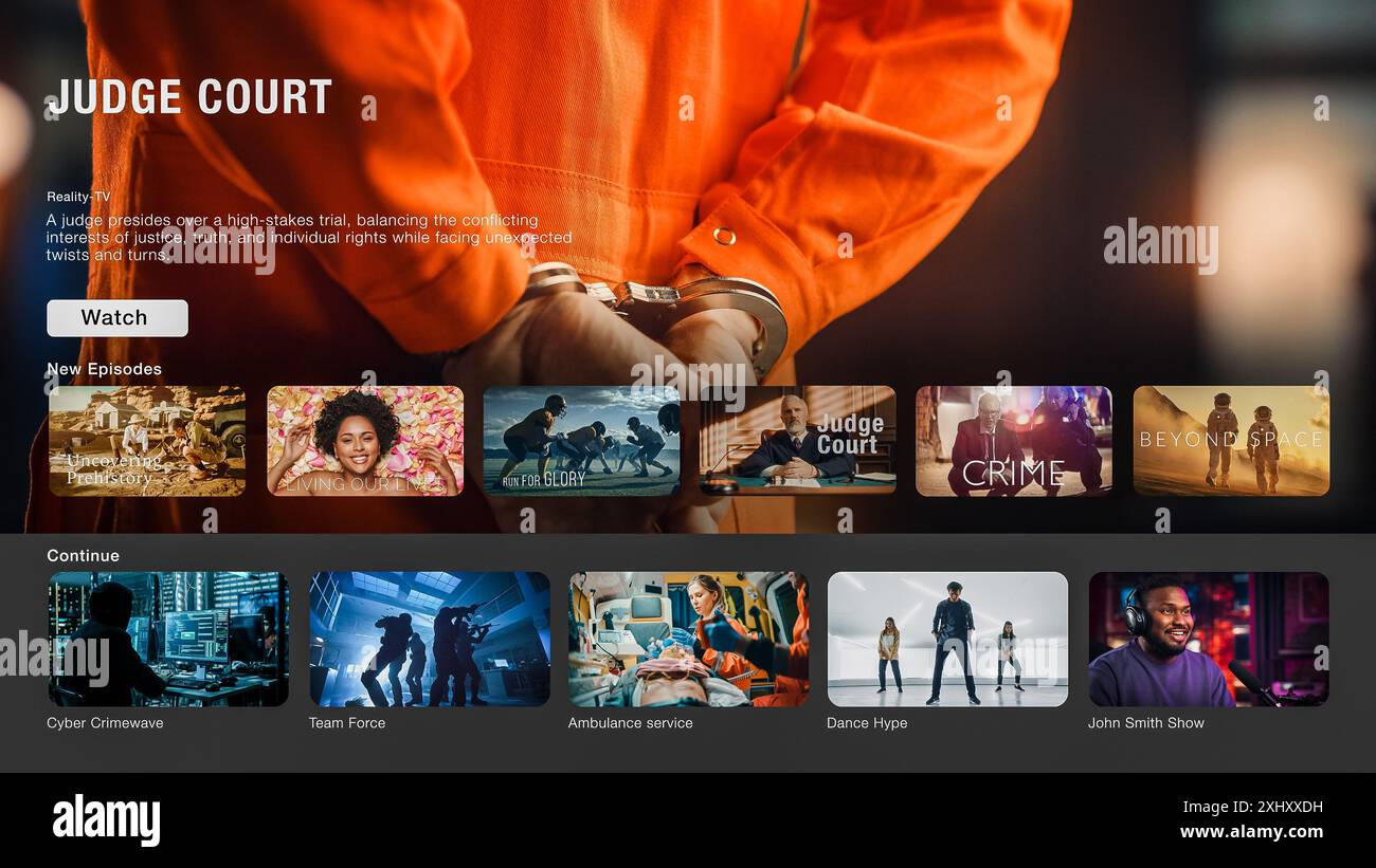 Schnittstelle der Streaming Service-Website. Das Online-Abonnement bietet Fernsehsendungen, Spielfilme und Podcasts. Bildschirmersatz für Desktop-PCs und Laptops mit vorgestellter Reality-TV-Courthouse-Show Stockfoto