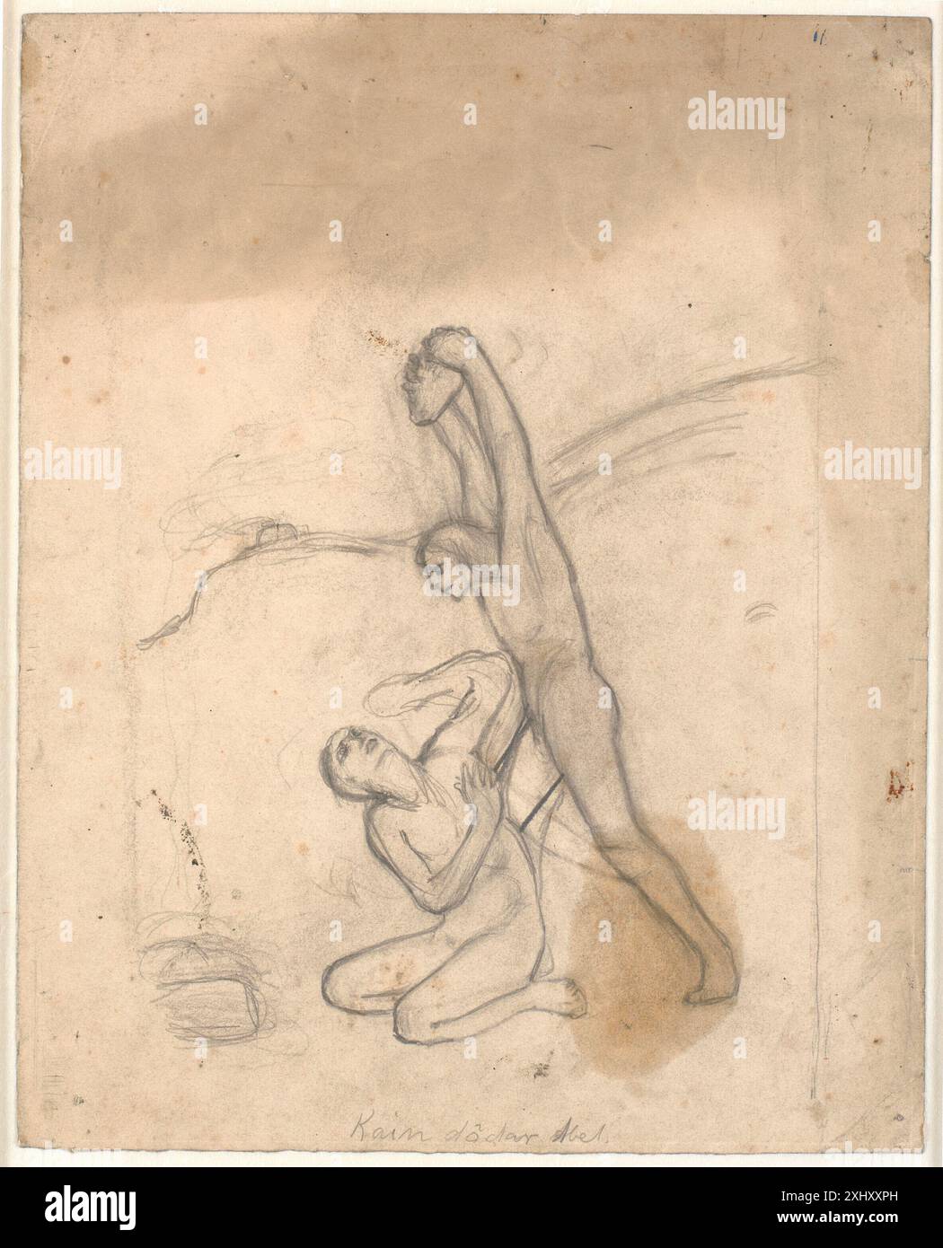 Zeichnung von Karl Isakson, die die biblische Geschichte von Kain und Abel illustriert und zwei männliche Figuren zeigt, die die Brüder repräsentieren. Stockfoto