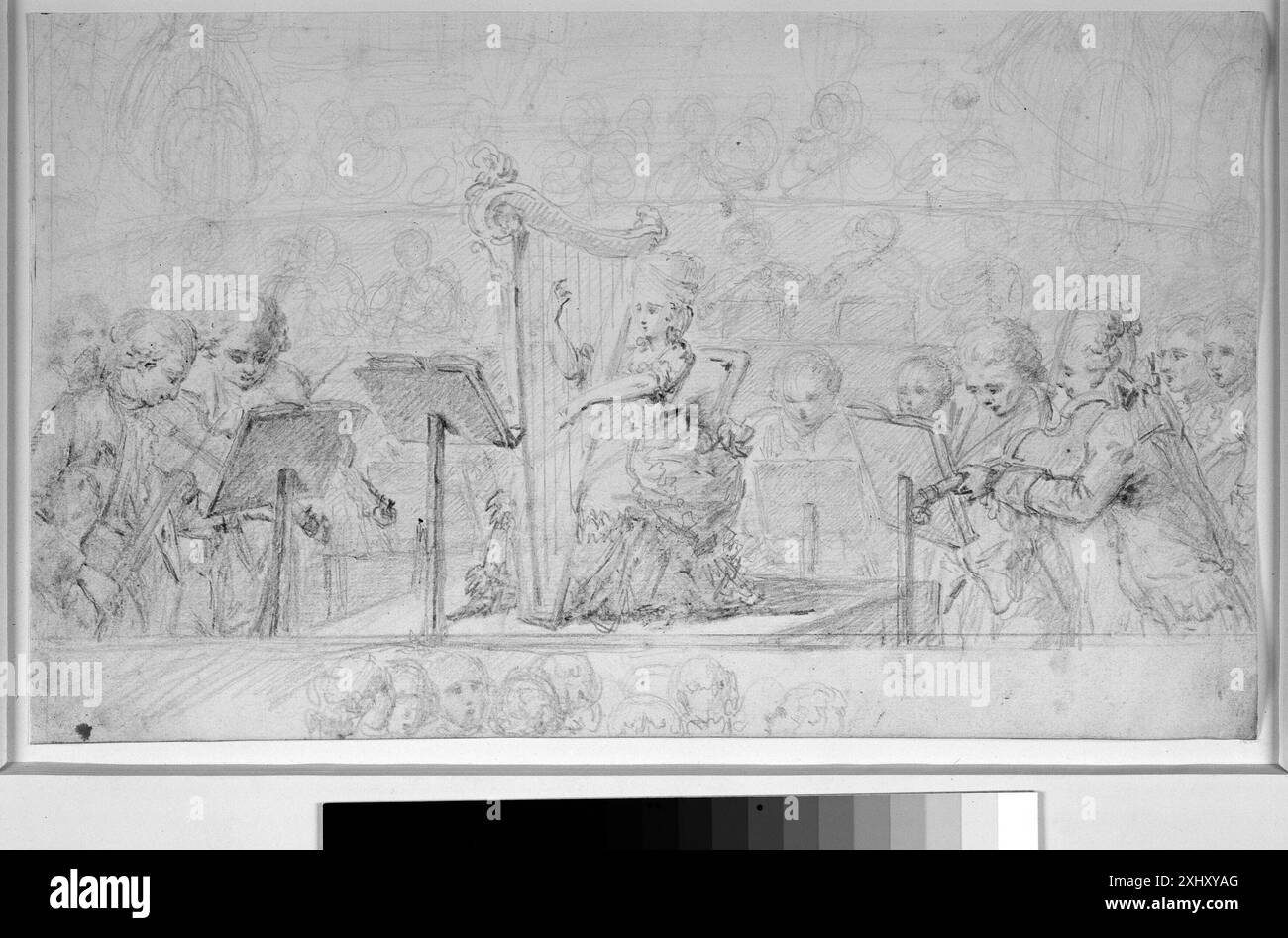 Eine Zeichnung von Cornelius Høyer mit dem Titel „das Harfenkonzert“, in der ein Musiker auf einer Harfe auftritt. Das Bildmaterial betont Haltung, Instrumentendetails und Leistungseinstellungen. Stockfoto