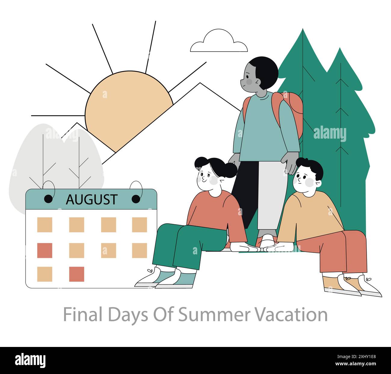 Last Days of Summer Concept. Drei Freunde, die die flüchtigen Momente eines Sommerurlaubs genießen, mit einem sonnigen Hintergrund und einem August-Kalender. Vektorabbildung. Stock Vektor