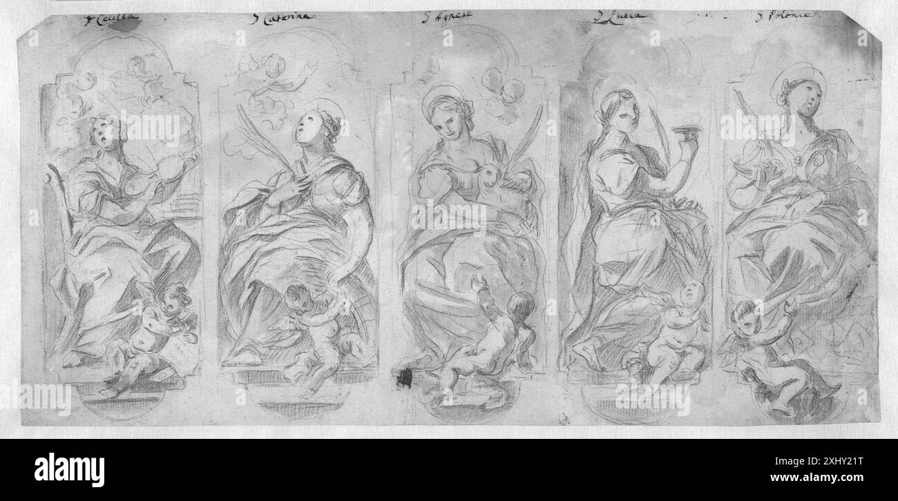 Zeichnung von Luca Giordano und Francesco Solimena mit fünf weiblichen Heiligen in Zierrahmen, die zwischen 1634 und 1747 entstanden sind und religiöse Figuren, dekorative Grenzen und symbolische Attribute zeigen. Stockfoto