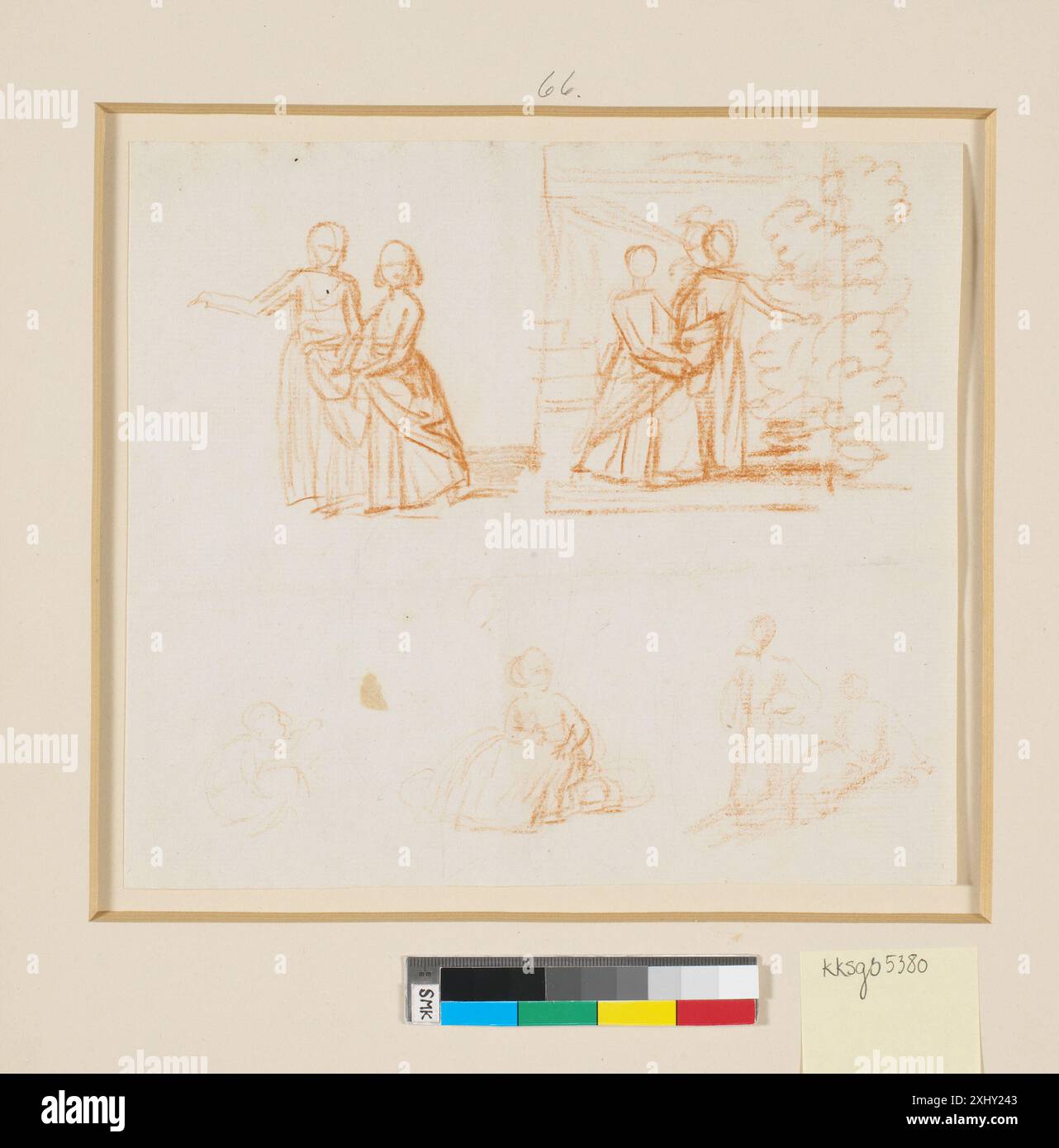 Kompositionsskizzen für das Gemälde von Generalkonsul Johan Christian Pingles Töchter im Garten: Unten im Magazin sind einige kleinere Kinder dargestellt Juel, Jens 1745–1802 Zeichnung Tegninger af Jens Juel: Illustreret Katalog, Ellen Poulsen, Kat. Nr. 124, 44803, 1975 Kompositionsskitser til maleriet af generalkonsul Johan Christian Pingles døtre i en have: Forneden på bladet er skitseret nogle mindre børn Stockfoto
