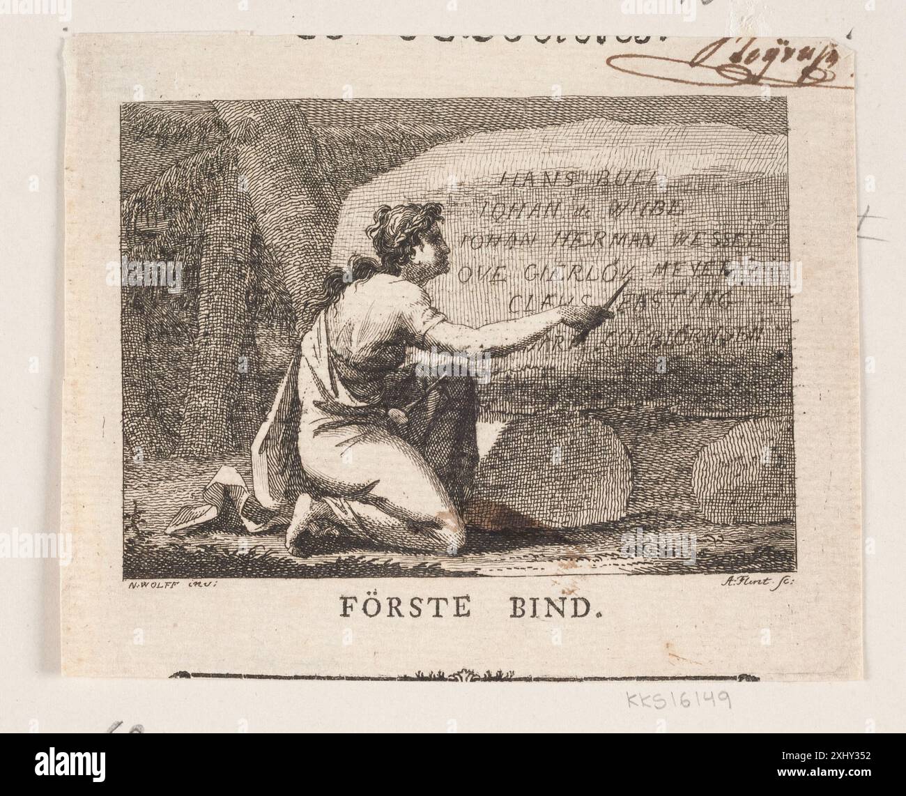 Das weibliche Genie Flint, Andreas 1767 - 1824, Wolff, Nicolaus 1762 - 1813 Etching, Print Samlinger til en beskrivende Fortegnelse over danske kobberstik, raderinger, Illustrationer m. m., Frederik G. Krohn, Nr. 1205, D 3448, 1889 Hæderens kvindelige Genie Stockfoto