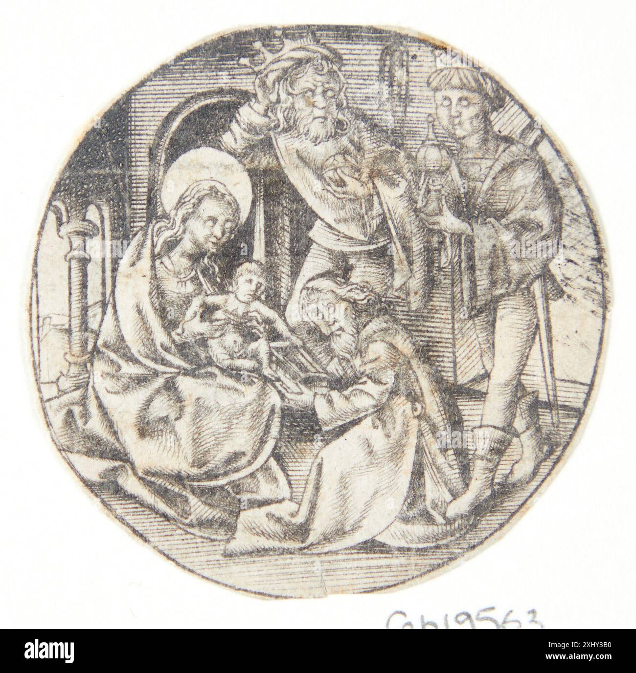 Dieser Kupferstich von Israhel van Meckenem zeigt eine Szene aus dem Leben der Jungfrau Maria. Sie zeigt Maria in Hingabe oder Interaktion mit anderen Figuren, die religiöse Erzählung und Symbolismus widerspiegeln. Stockfoto