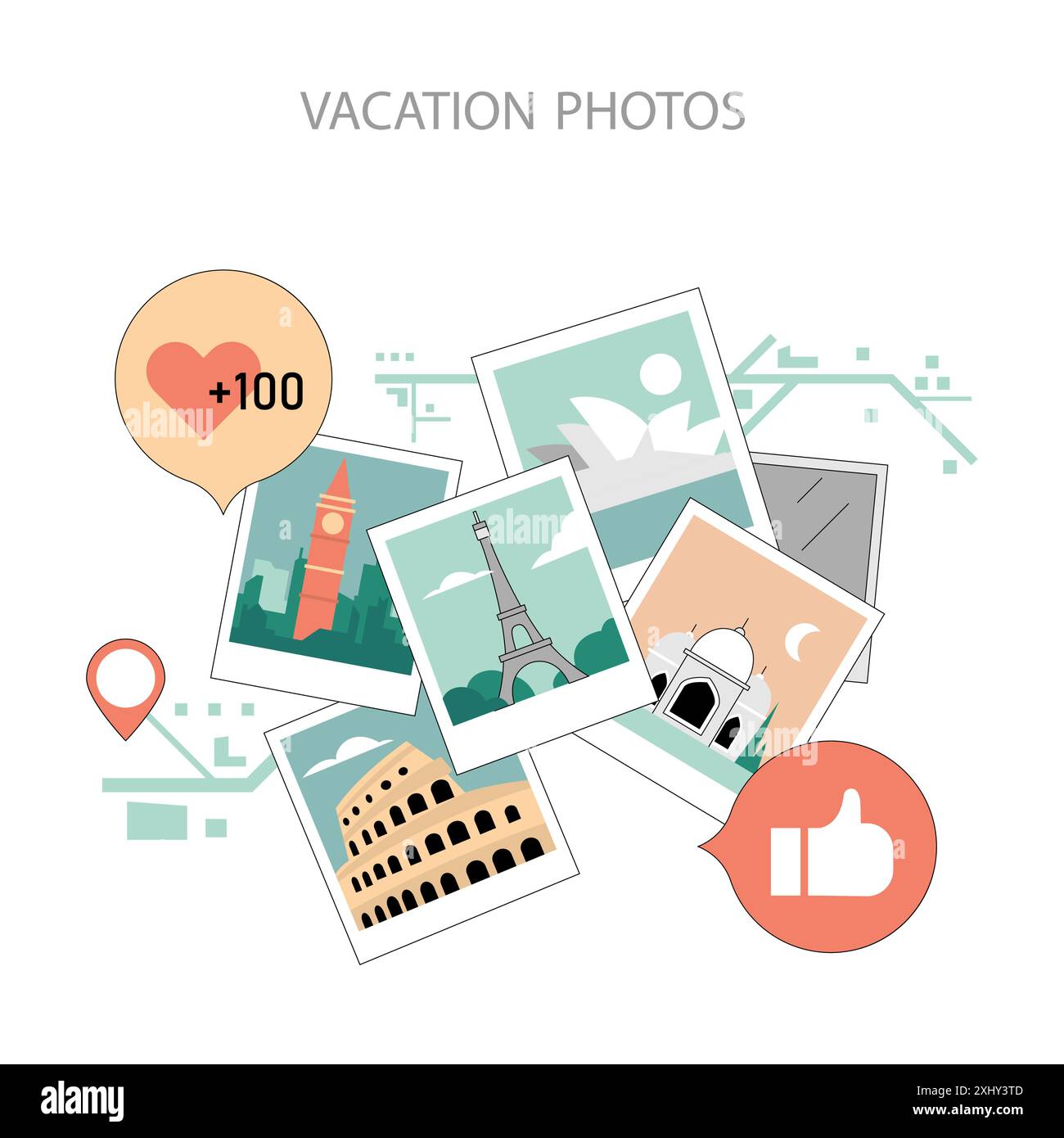 Urlaubsfotos Konzept. Collage von Reisebildern mit berühmten Wahrzeichen. Erinnerungen von Reisen um die Welt sammeln. Vektorabbildung. Stock Vektor