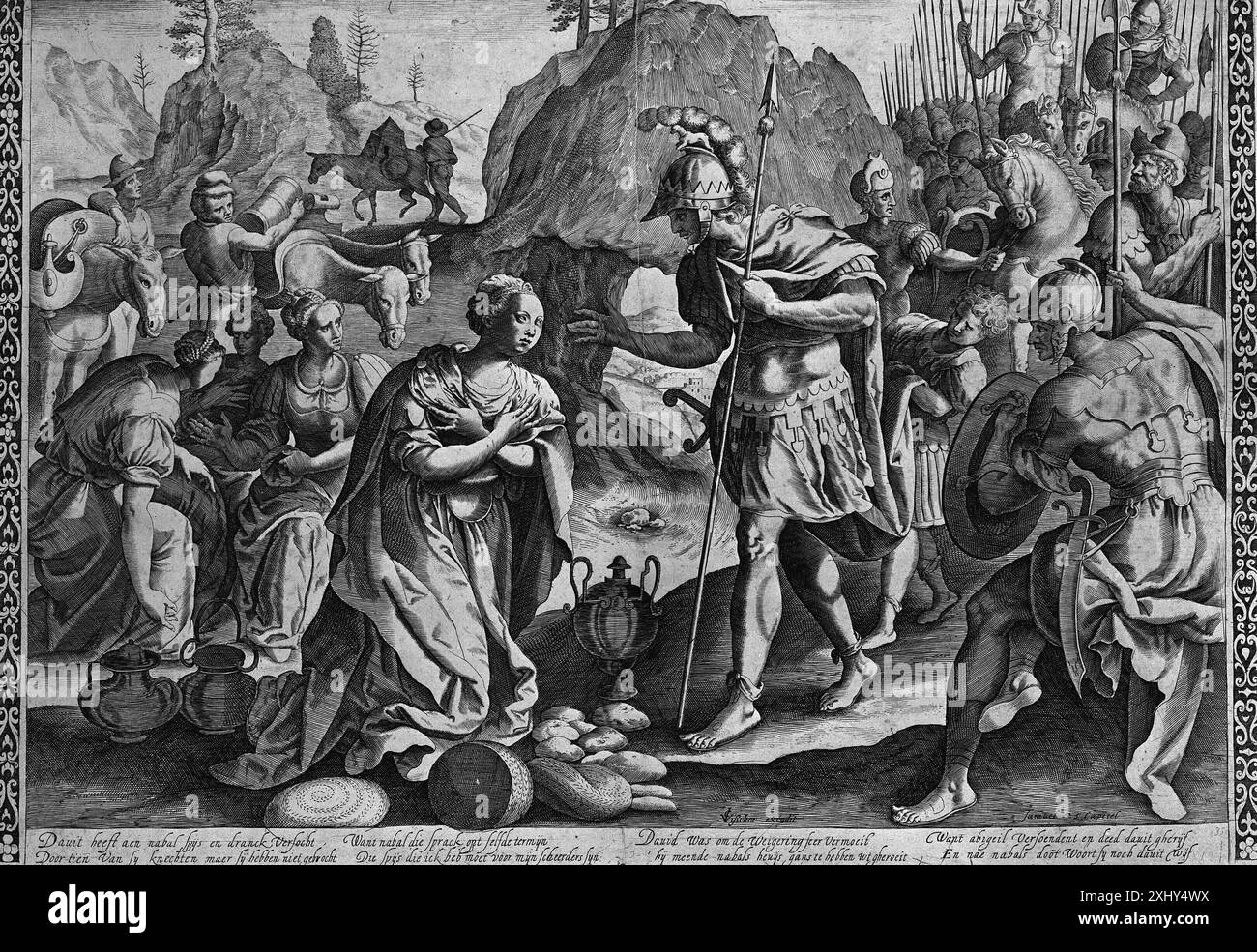 Kupferstich von Jan van Londerseel, Maerten de Vos und Claes Jansz. Visscher stellt Abigail dar, der König David um Vergebung bittet und biblische Figuren und Erzählungen im niederländischen und flämischen Stil zeigt. Stockfoto