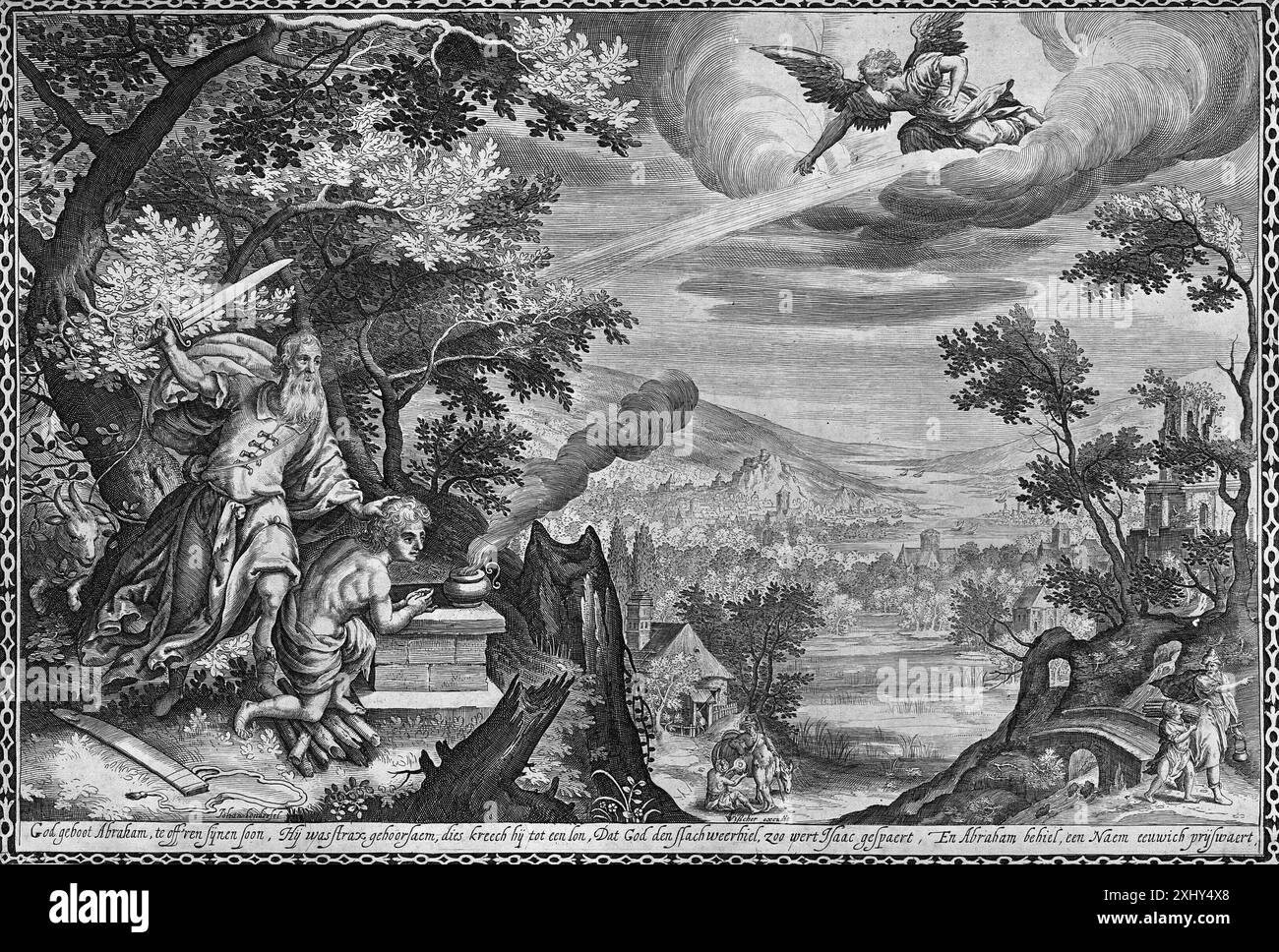 Kupferstich mit der biblischen Szene von Isaacs Opfer von Jan van Londerseel (1568–1622) und Claes Jansz. Visscher (1586–1652), Teil der niederländischen und flämischen Drucksammlungen des Goldenen Zeitalters. Stockfoto