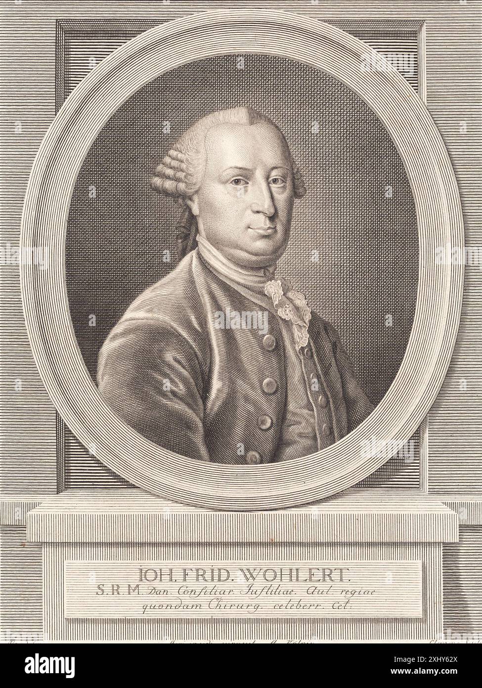 Porträt des Hofchirurgen Hans Friedrich Wohlert Clemens, J.F. 1748 - 1831, als, Peder 1726 - 1776, Kølpin, Alexander 1730 - 1800 Kupferstich, Print Johan Frederik Clemens: Skitseret som Konstner og Menneske, J.C. Fick, Nr. 35, 2174, 1851. J.F. Clemens: Biografi samt Fortegnelse über hans Kobberstik. Avec un résumé francais, Leo Swane, omt. S. 98 og S. 159, 9968, 1929. Danske portrætter i kobberstik, litografi og træsnit: en beskrivende fortegnelse, P.B.C. Westergaard, Nr. 13220, C 3997:1-2 da, 1930-1933 Portræt af Hofkirurg Hans Friedrich Wohlert Stockfoto