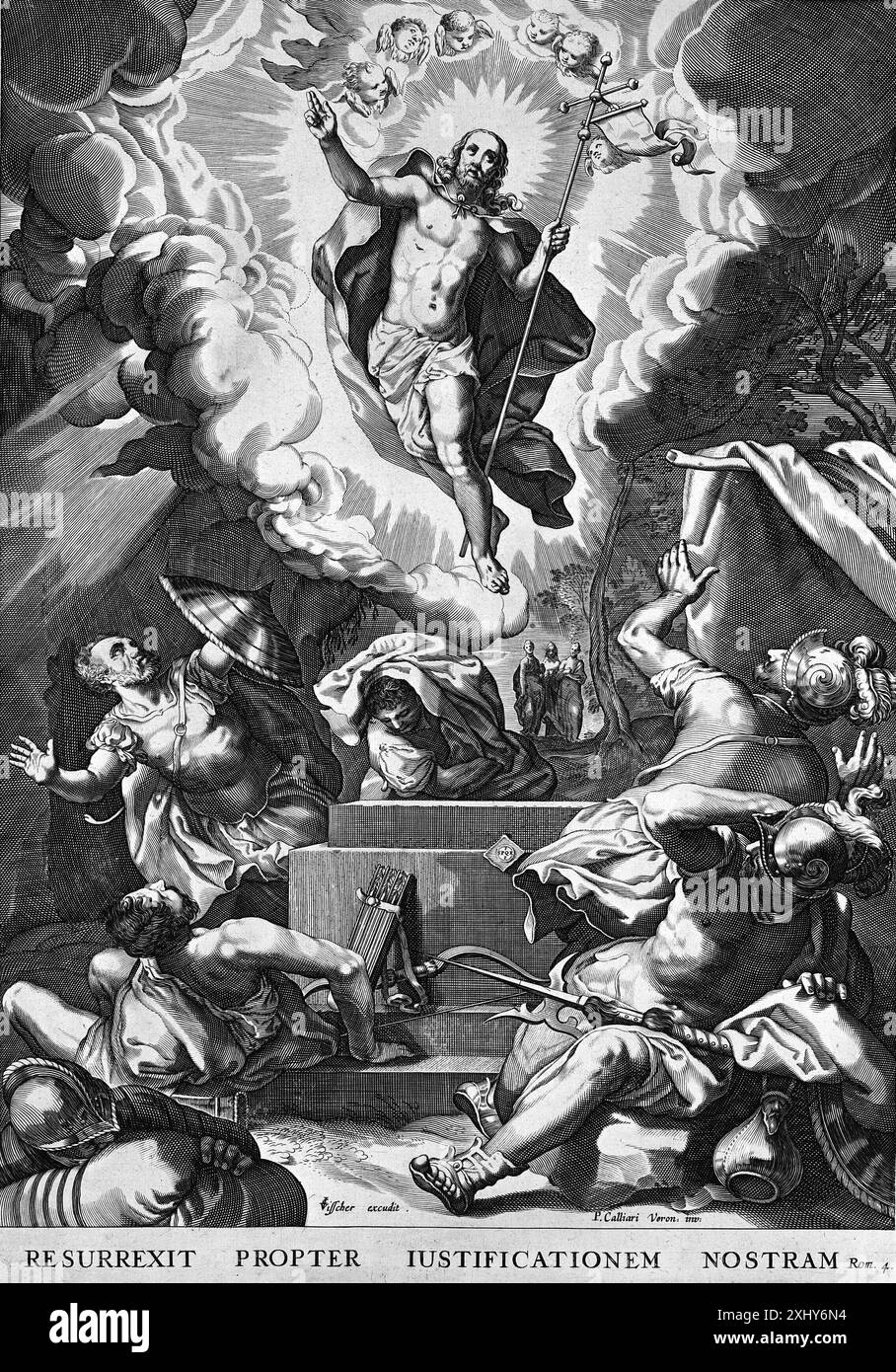 Die Auferstehung Veronese, Paolo 1528–1588, Visscher, Claes Jansz. 1586 - 1652 Kupferstich, Druck Prenten in de Gouden Eeuw van Kunst tot kastpapier, Jan van der Waals, OMT. og afb. S. 101, Kat. 141, k2006-035, 2006 Opstandelsen Stockfoto