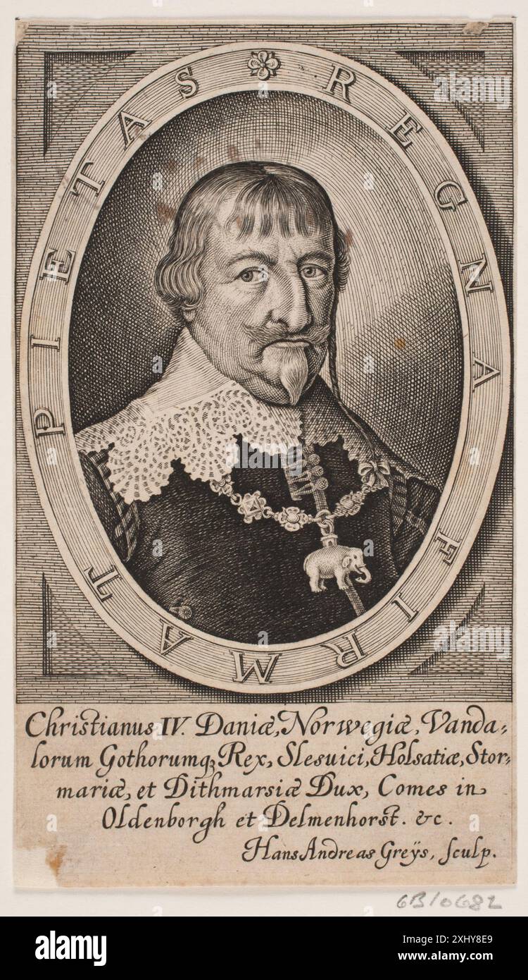 Kupferstich mit Christian IV., Teil einer dänischen, norwegischen und holsteinischen Porträtsammlung von Hans Andreas Greys. Stockfoto