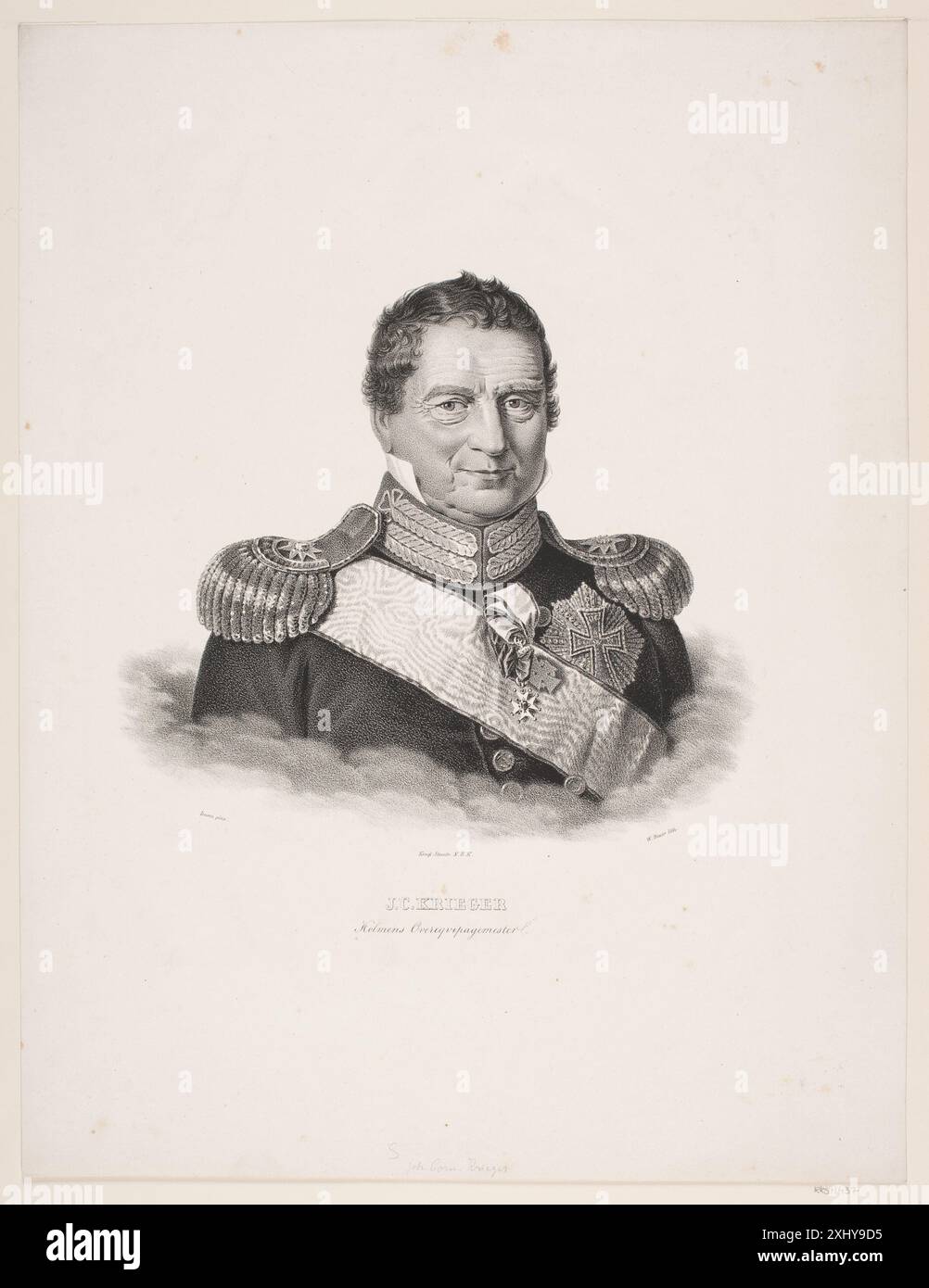 Lithographisches Porträt von J.C. Krieger von Wilhelm Heuer und C.A. Jensen, das Gesichtszüge, Kleidung und dänische Lithographietechniken des 19. Jahrhunderts zeigt. Stockfoto