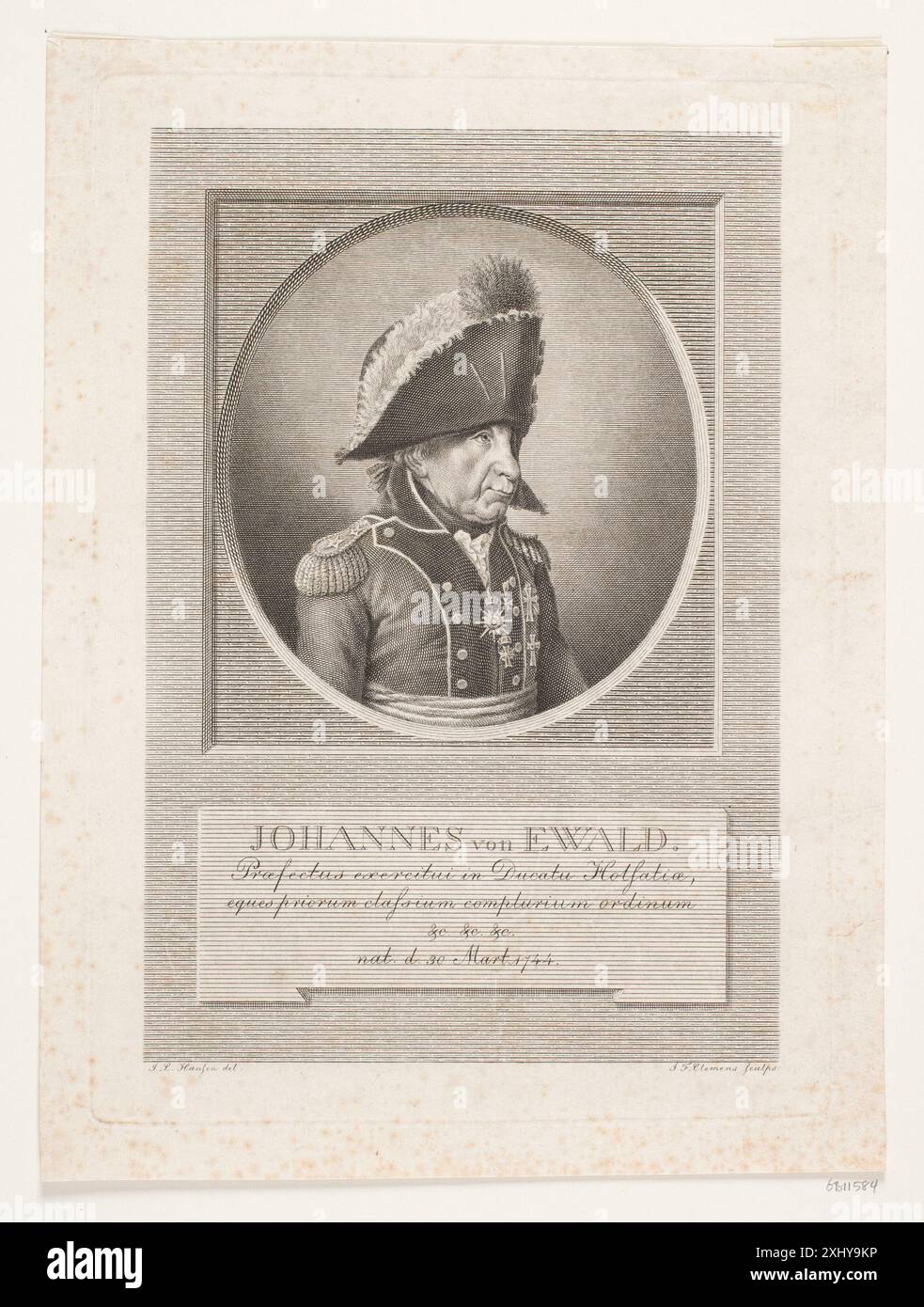 Ein Kupferstich von J.F. Clemens (1748–1831), der Johannes von Ewald zeigt, zeigt detaillierte Gesichtszüge und Kleidung aus dem 18. Jahrhundert, Teil der dänischen königlichen Porträtsammlungen. Stockfoto