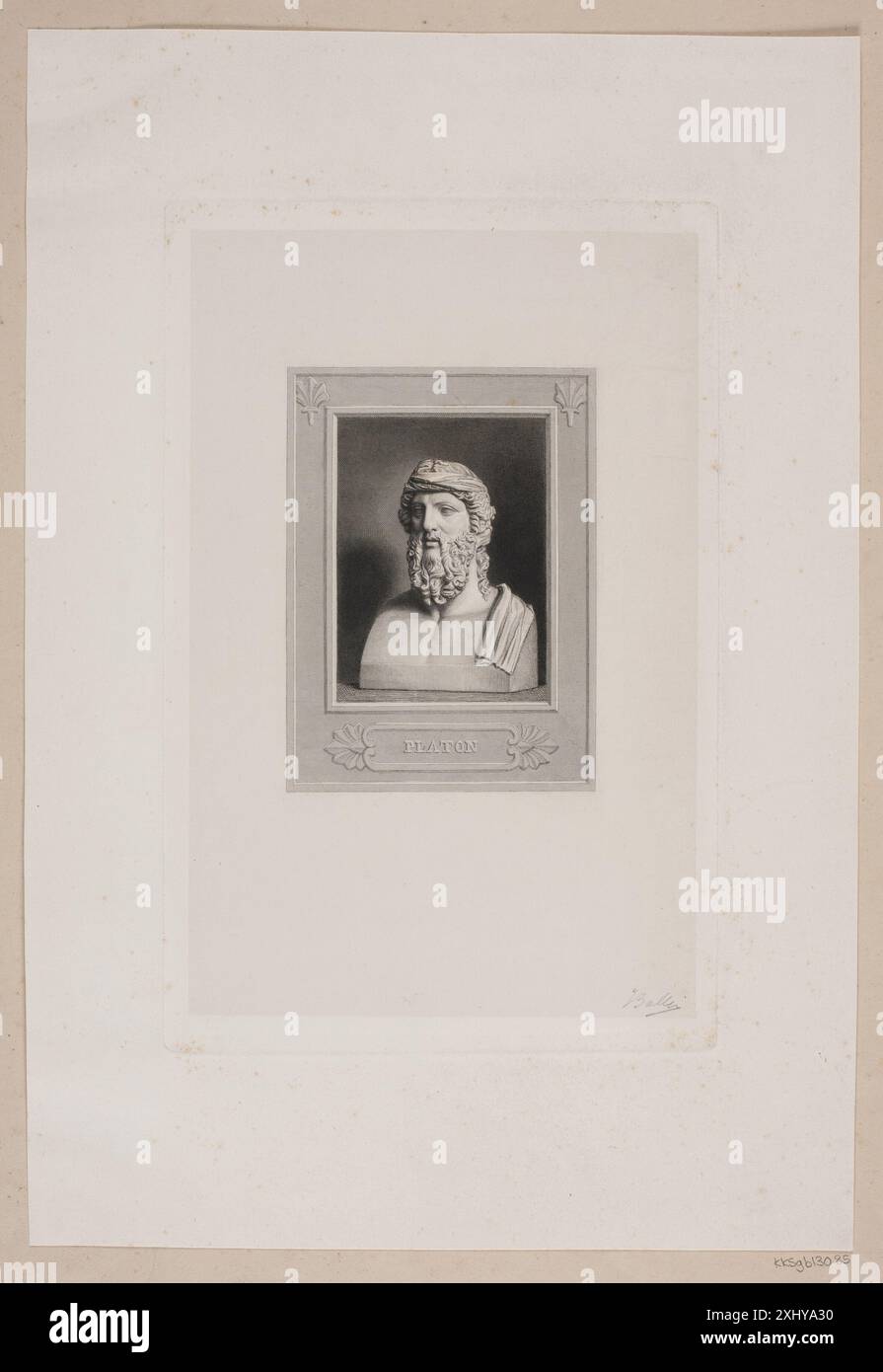 Dieser Stich von Joel Ballin zeigt den antiken griechischen Philosophen Platon, basierend auf einer antiken Büste, die seine Gesichtszüge, seinen Ausdruck und seine klassische Kleidung zeigt. Stockfoto