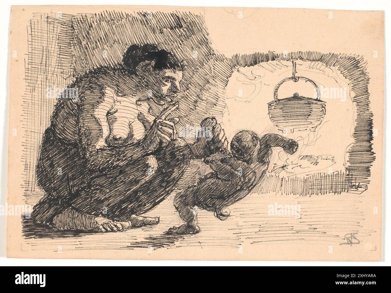 Zeichnung von Niels Skovgaard, die die Frau der mythologischen Figur Find über ihr Kind beugt. Die Komposition reflektiert nordische Folklore-Themen der dänischen Kunst des 19. Jahrhunderts. Stockfoto