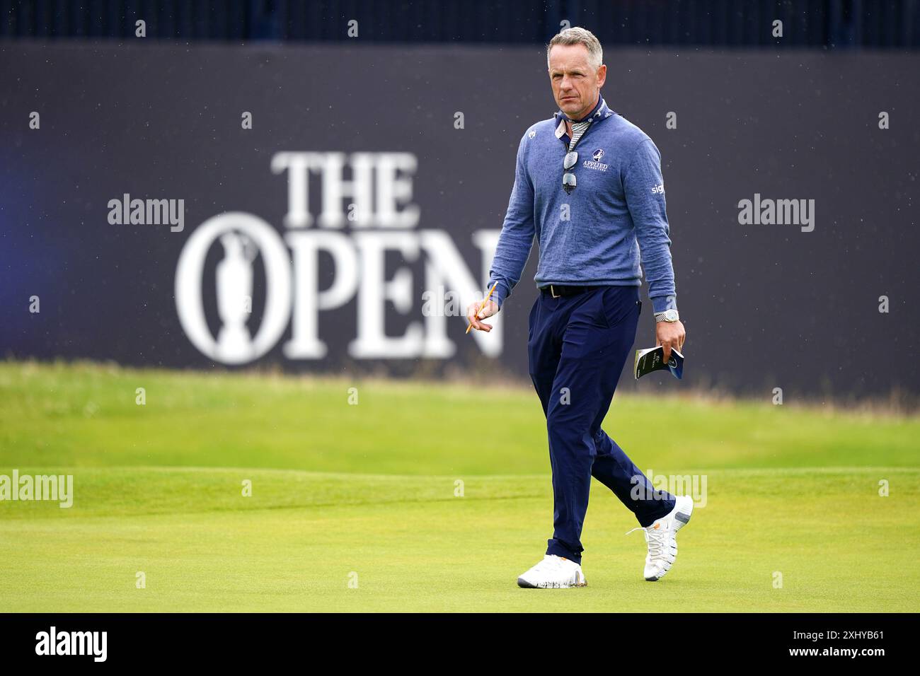 Ryder Cup 2025 Europe Captain Luke Donald auf dem 18. Green vor den Open in Royal Troon, South Ayrshire, Schottland. Bilddatum: Dienstag, 16. Juli 2024. Stockfoto