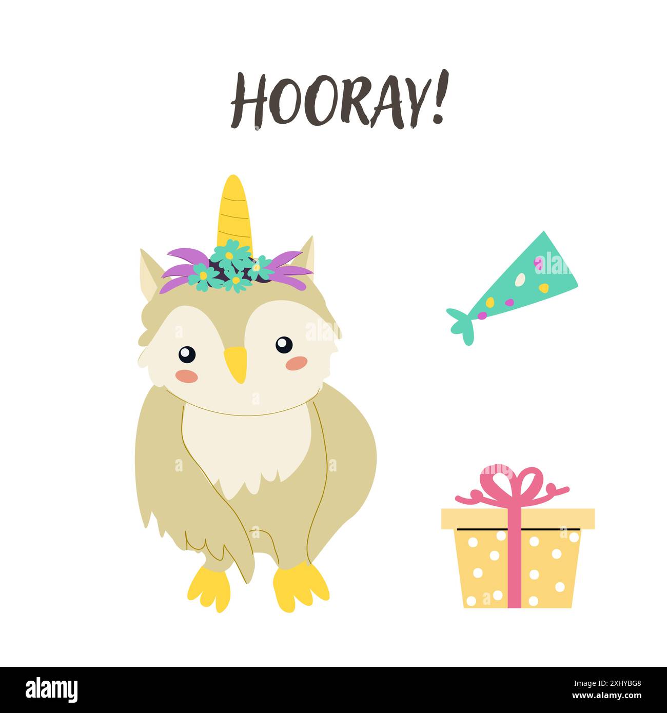 Kindergeburtskarten-Vorlage. Feierliches Design zum Jubiläum. Niedliches Tier mit Geschenk. Stock Vektor