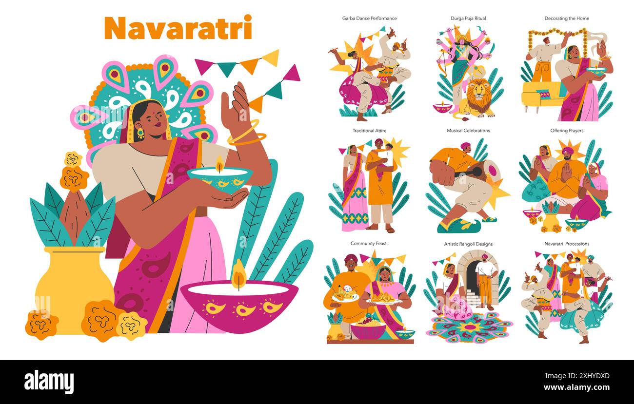 Navaratri-Set. Hindufest mit Ritualen, Tanz und bunten kulturellen Momenten. Festliche Traditionen werden in Indien lebendig. Vektorabbildung. Stock Vektor
