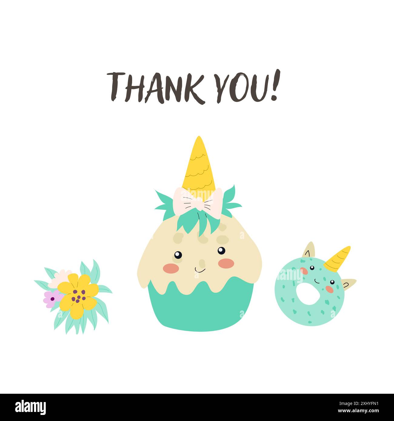 Kindergeburtskarten-Vorlage. Feierliches Design zum Jubiläum. Süßes Essen mit Geschenk. Stock Vektor