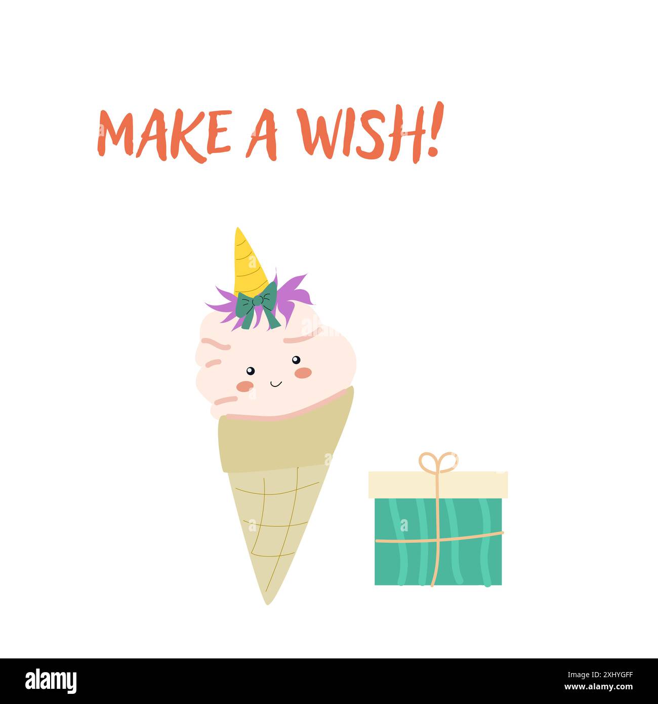 Kindergeburtskarten-Vorlage. Feierliches Design zum Jubiläum. Süßes Essen mit Geschenk. Stock Vektor