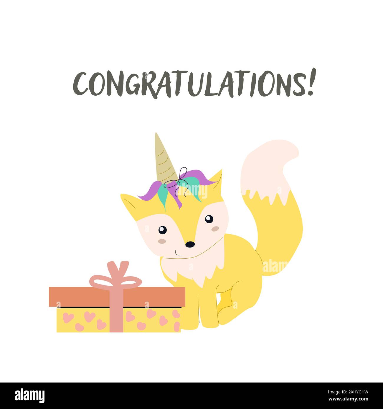 Kindergeburtskarten-Vorlage. Feierliches Design zum Jubiläum. Niedliches Tier mit Geschenk. Stock Vektor