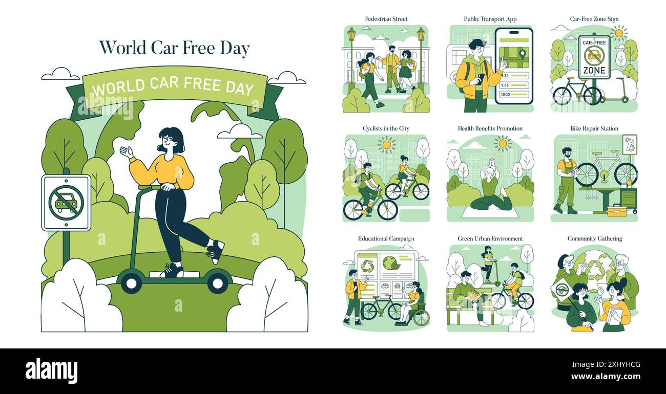 Konzeptset für den World Car Free Day, das umweltfreundliche Transportmöglichkeiten und Veränderungen des städtischen Lebensstils veranschaulicht. Fördert das Gehen, Radfahren und den öffentlichen Nahverkehr. Vektorabbildung. Stock Vektor