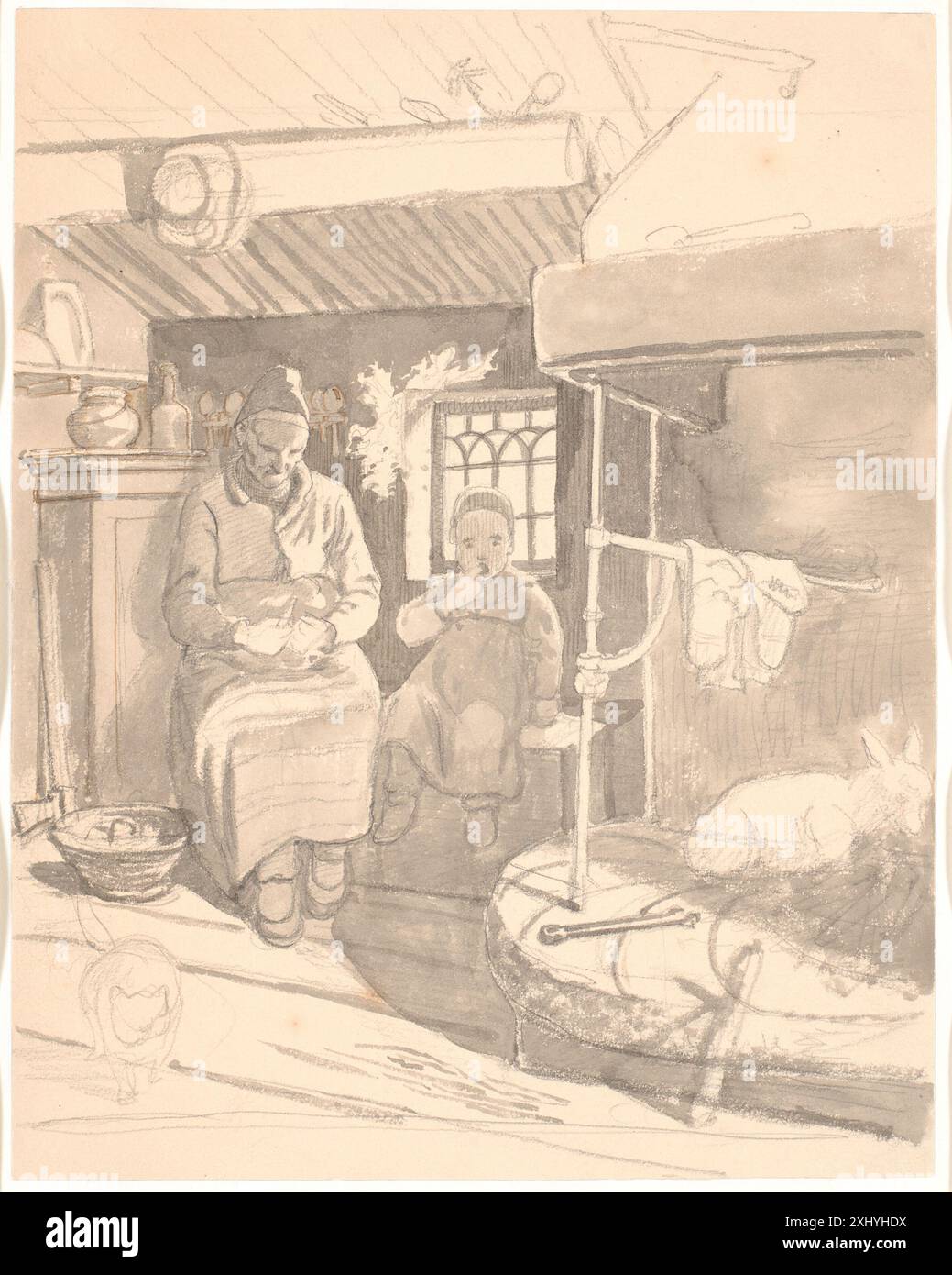 Eine Zeichnung von Wilhelm Marstrand, die eine schwedische Bauernfamilie mit einer älteren Frau und einem Kind darstellt und Figuren, Kleidung und Hausszene hervorhebt. Stockfoto