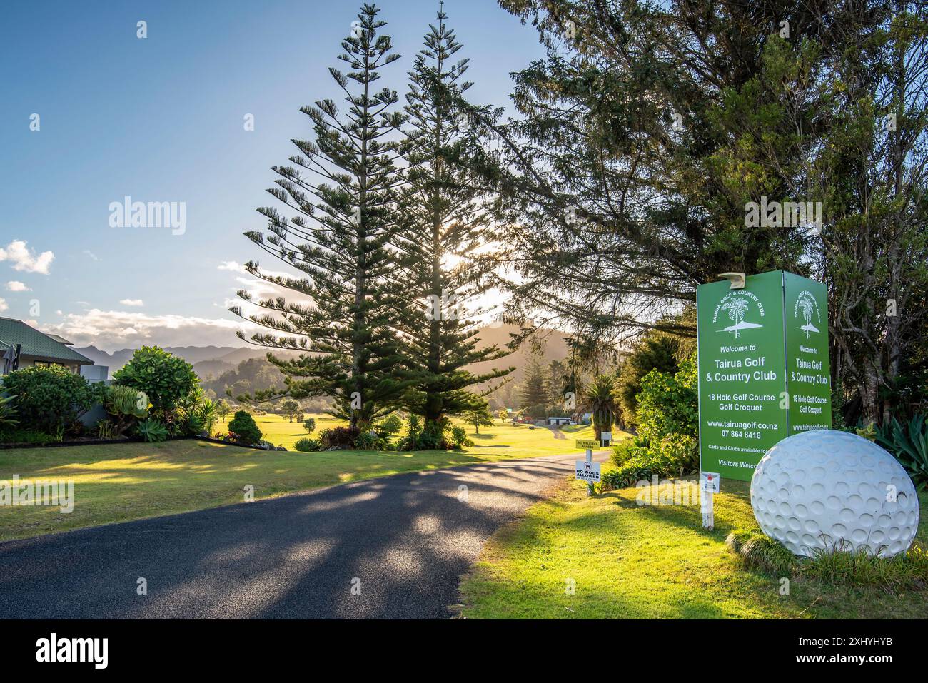 Am späten Nachmittag scheint die Sonne auf dem Tairua Golf Course und Country Club auf der Nordinsel Neuseelands Stockfoto