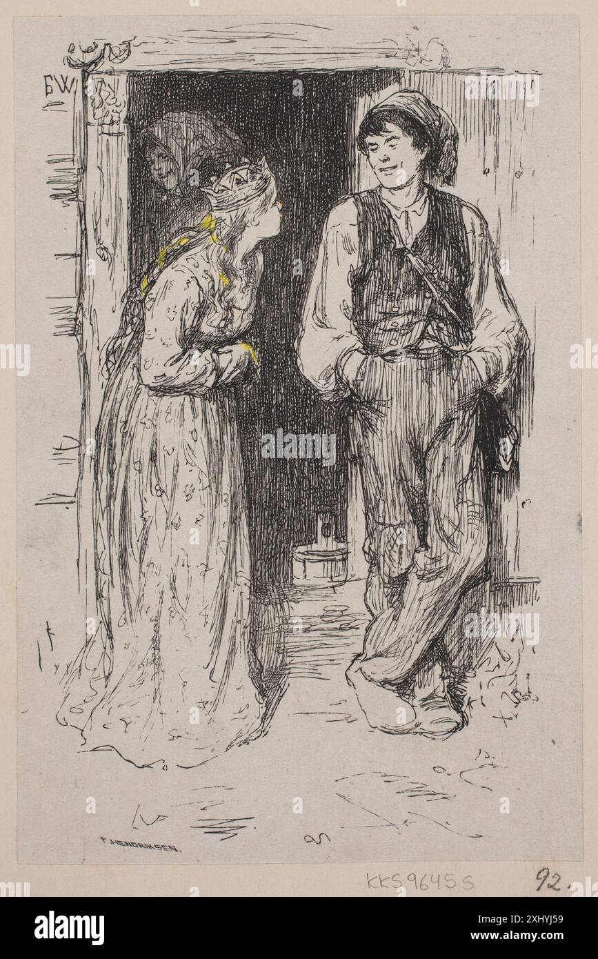 Illustration zu „Askeladden, der die Prinzessin zum Lügen brachte Hendriksen, F. 1847–1938, Werenskiold, Erik 1855–1938 Xylograph, Druckillustration til 'Askeladden som fik prinsessen til at løgste sig Stockfoto