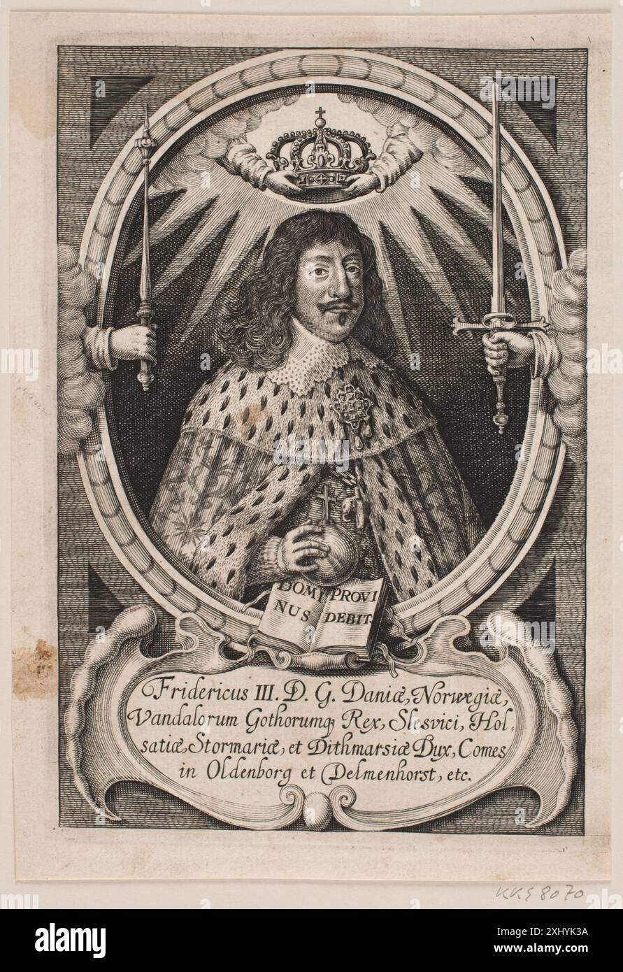 Kupferstich von Friedrich III., Teil der dänischen königlichen Porträtsammlung von Hans Andreas Greys. Stockfoto