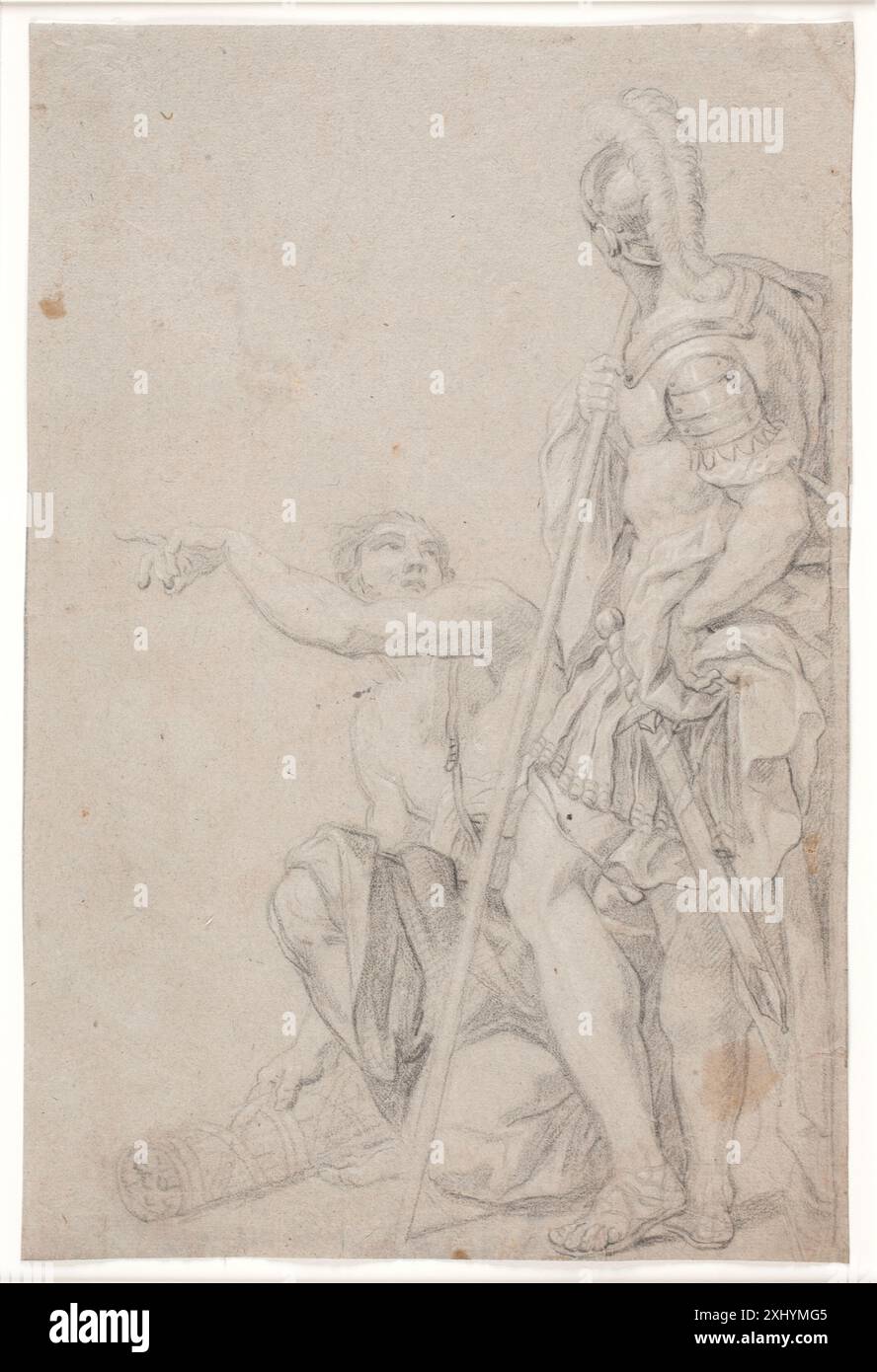 Zeichnung von Hendrik Krock, die einen stehenden Soldaten und einen knienden Jugendlichen darstellt, die militärische Haltung und Geste veranschaulicht. Stockfoto