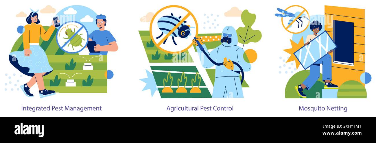 Schädlingsbekämpfungsset für Insekten. Veranschaulichen Methoden zur Abwehr von Bugs, wie integriertes Management, Spritzen in der Landwirtschaft und Moskitonetze. Vektorabbildung. Stock Vektor