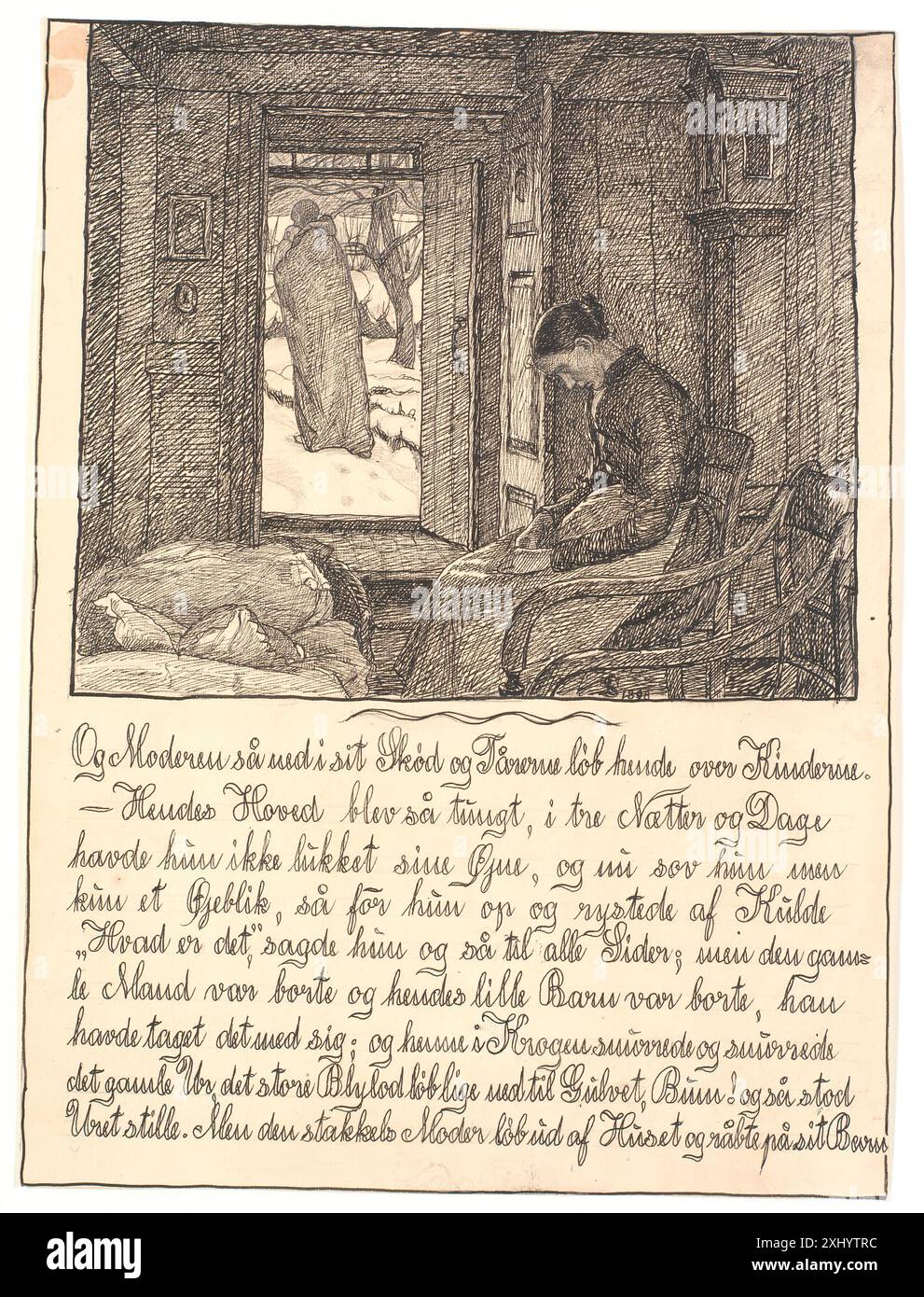 Zeichnung von Fritz Syberg, die eine Mutter zeigt, die mit Tränen auf den Wangen in ihren Schoß blickt, aus einer Serie, die von H.C. Andersens Geschichte inspiriert ist. Das Werk spiegelt die dänische Erzählillustration des frühen 20. Jahrhunderts wider. Stockfoto