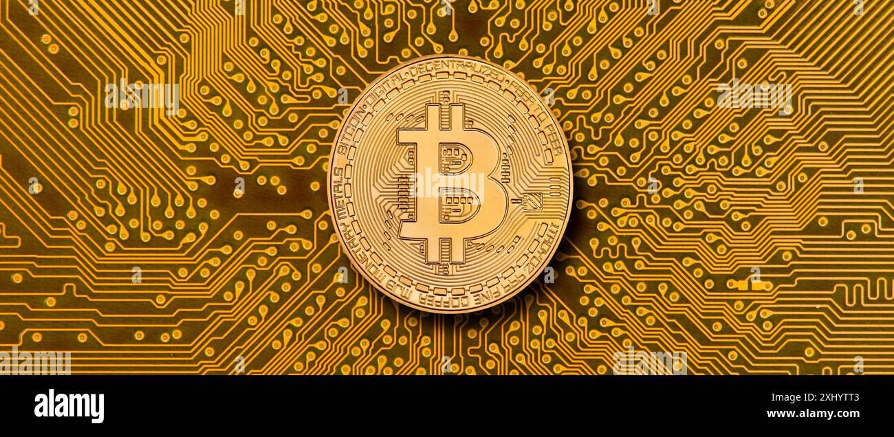 Kryptowährung Bitcoin eine Bitcoin Münze der virtuellen Kryptowährung liegt auf dem digitalen Netzwerk einer Computerplatine *** Bitcoin Kryptowährung Stockfoto