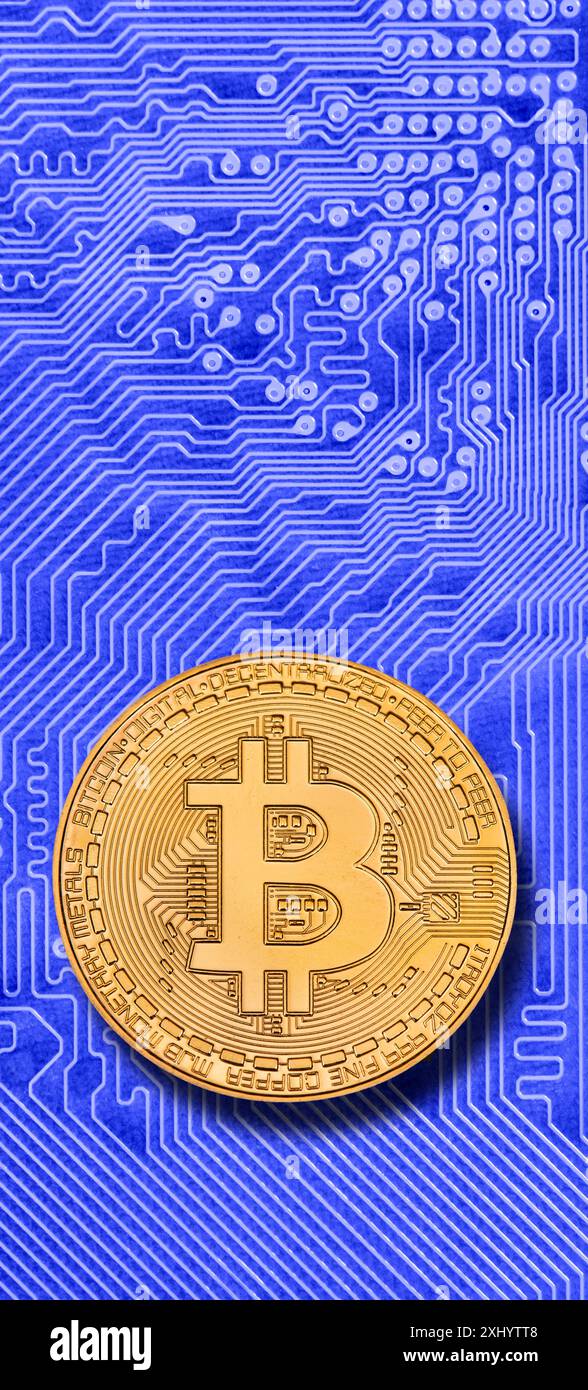 Kryptowährung Bitcoin eine Bitcoin Münze der virtuellen Kryptowährung liegt auf dem digitalen Netzwerk einer Computerplatine *** Bitcoin Kryptowährung Stockfoto