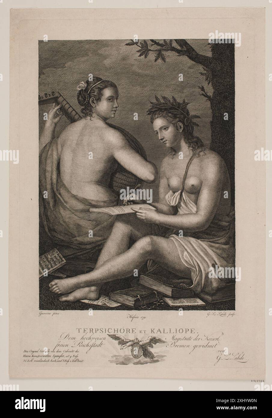 Kupferstich mit den mythologischen Figuren Terpsichore und Calliope, die Gerhard Ludvig Lahde nach Guercino zugeschrieben wurden, zeigt Komposition und klassischen Stil. Stockfoto